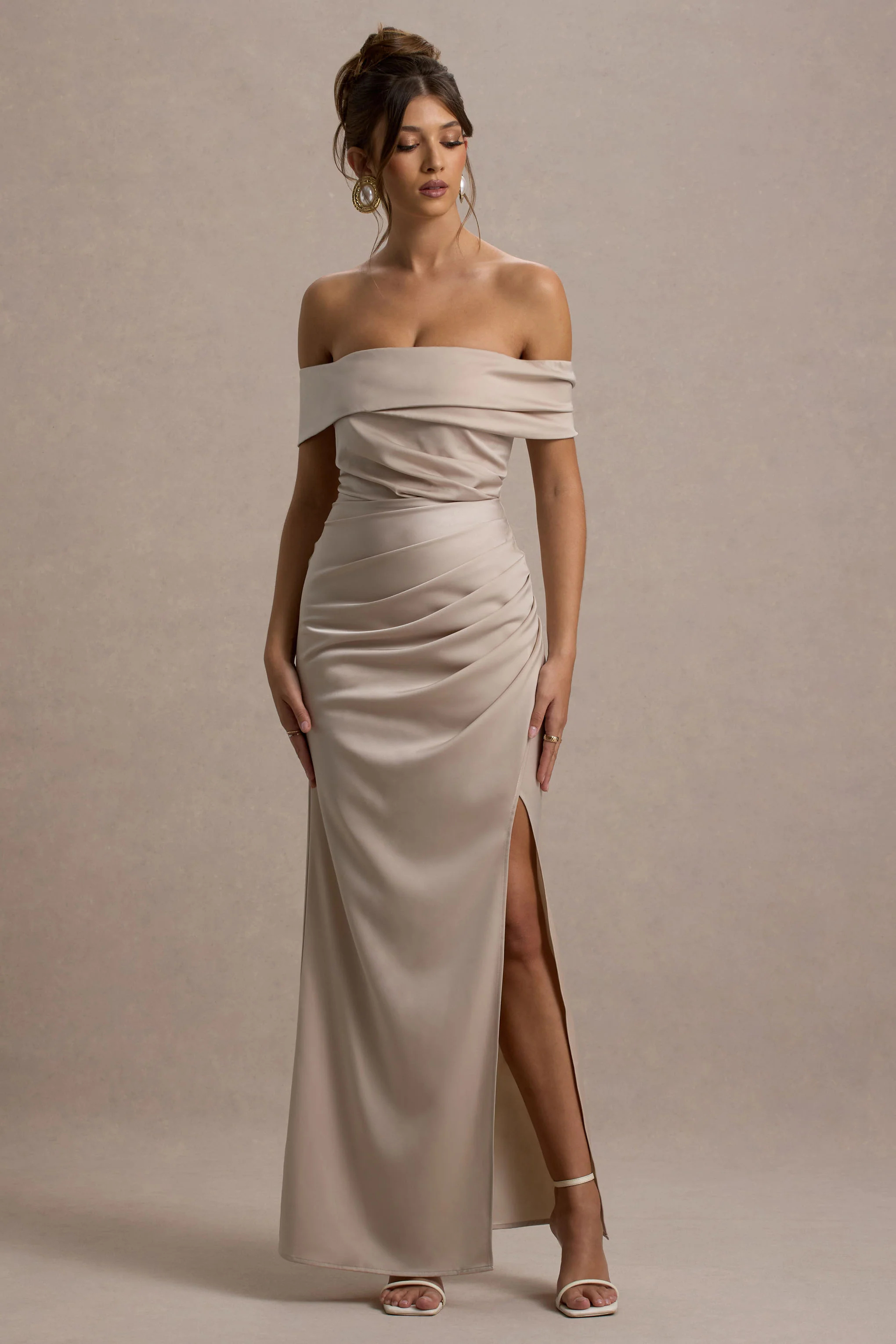 Martine | Champagne Satin Bardot Wrap Maxi Dress - Image 6