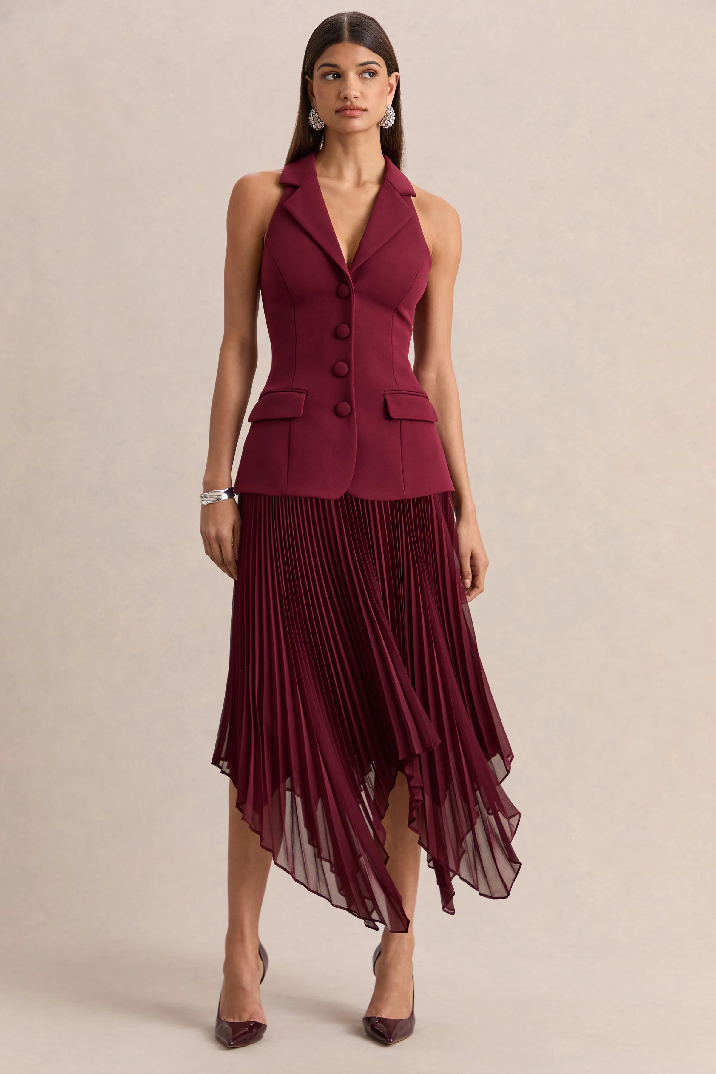 Marvelle | Burgundy Plunge-Neck Maxi Dress With Hanky Hem - Image 6