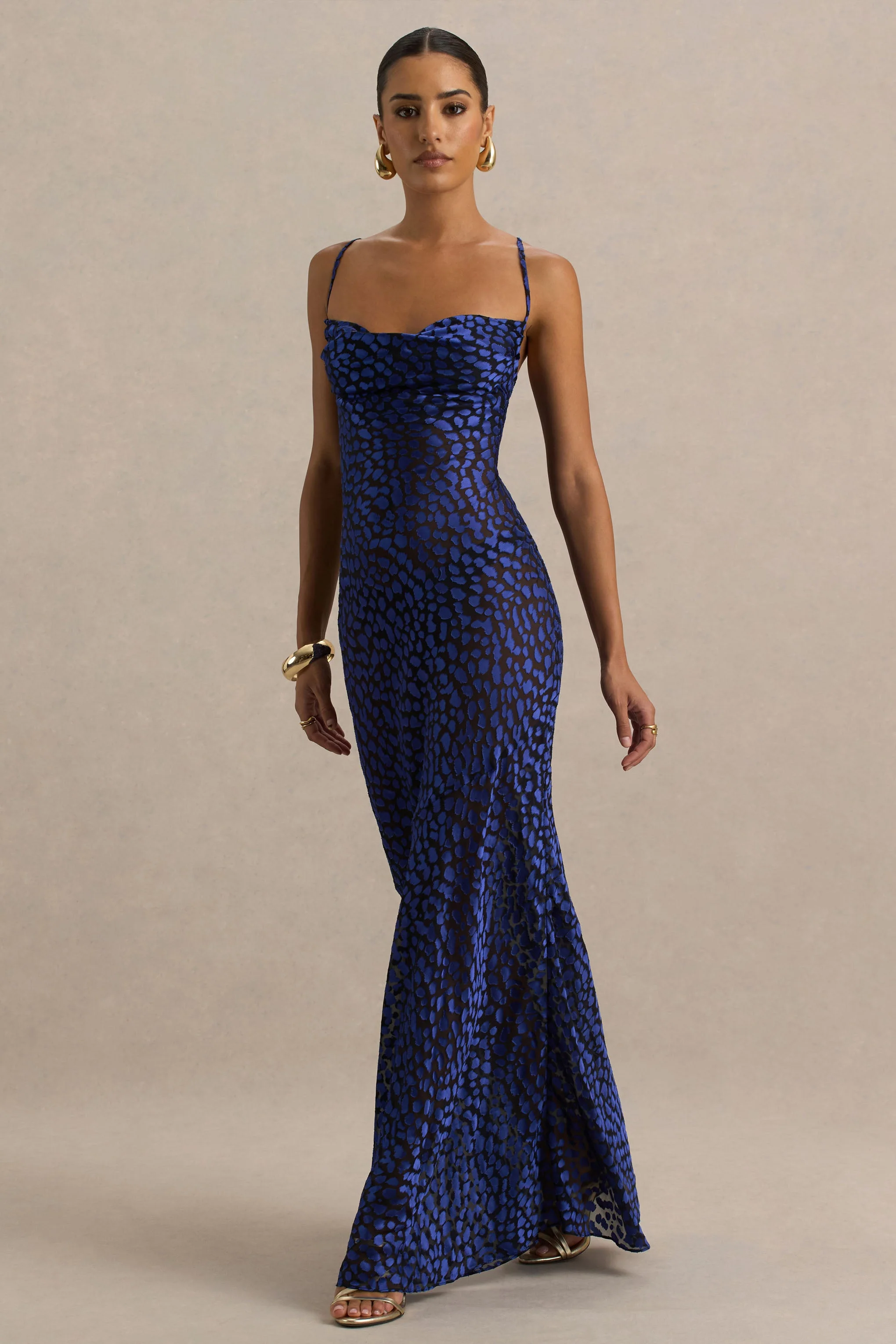 Marya | Blue Leopard Print Cowl-Neck Slip-Maxi Dress - Image 4