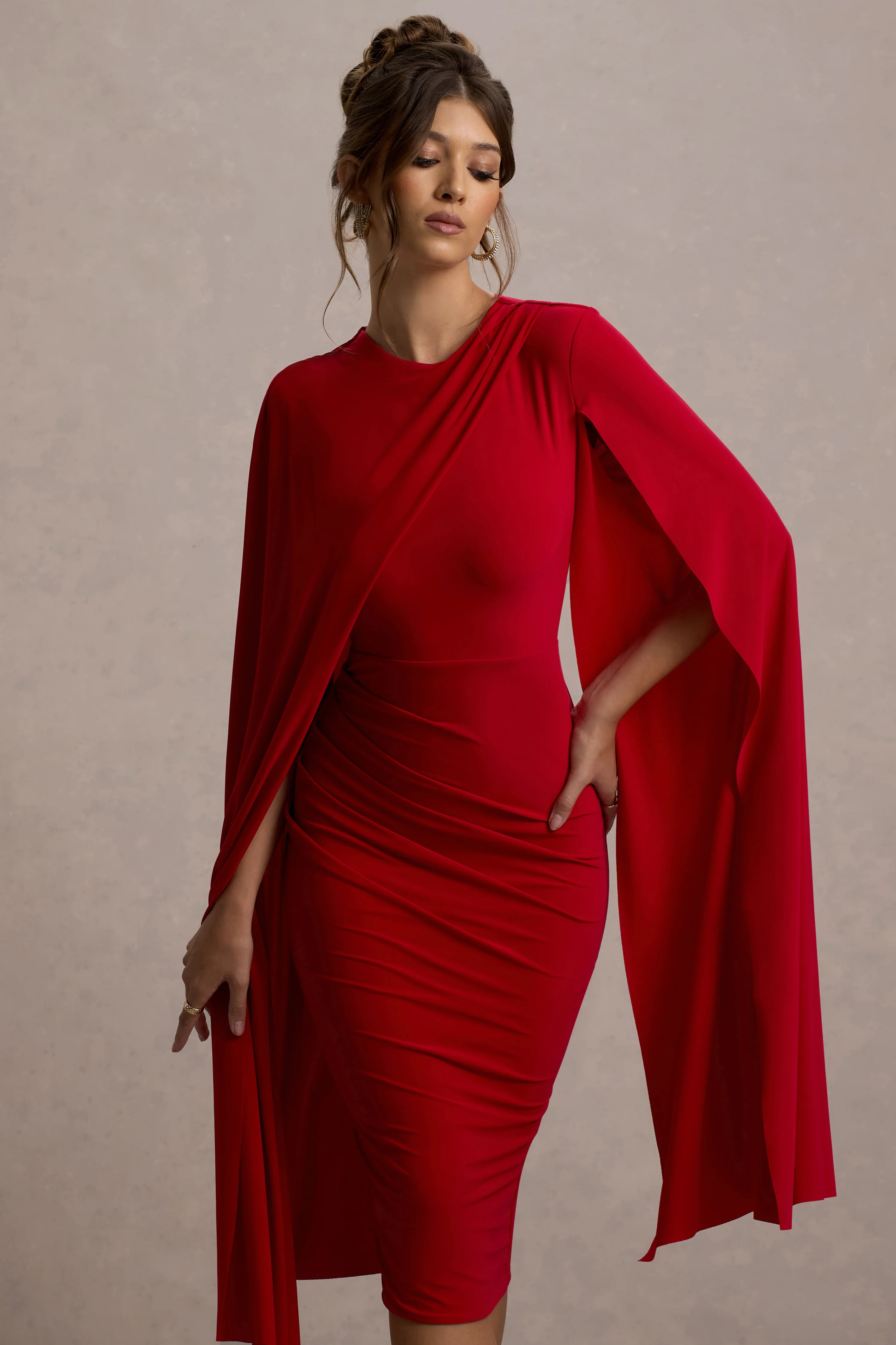 Marysol | Red Asymmetric Cape Midi Dress - Image 4