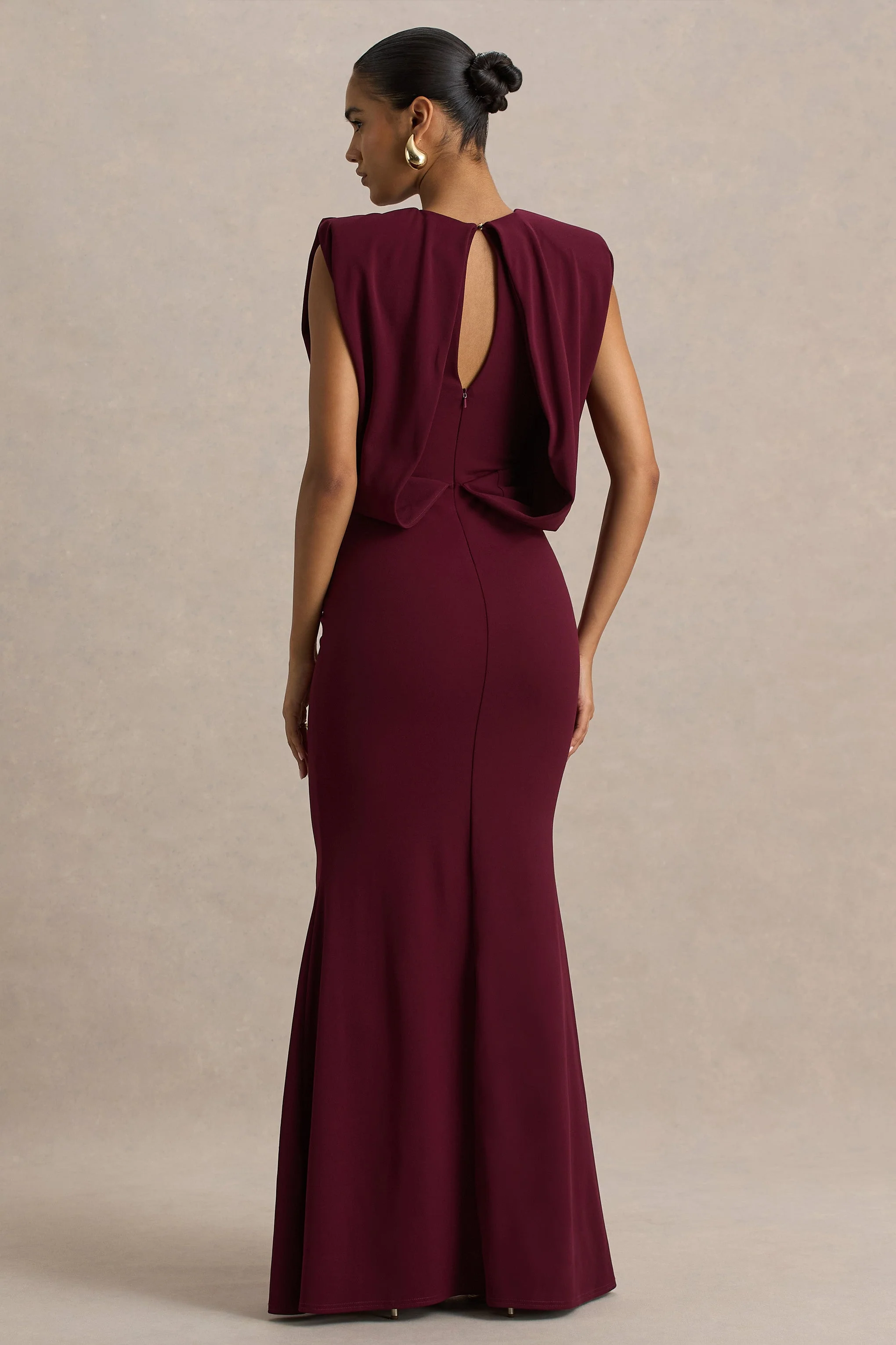 Meave | Burgundy Boat-Neck Maxi Dress With Draped Detail - Image 3