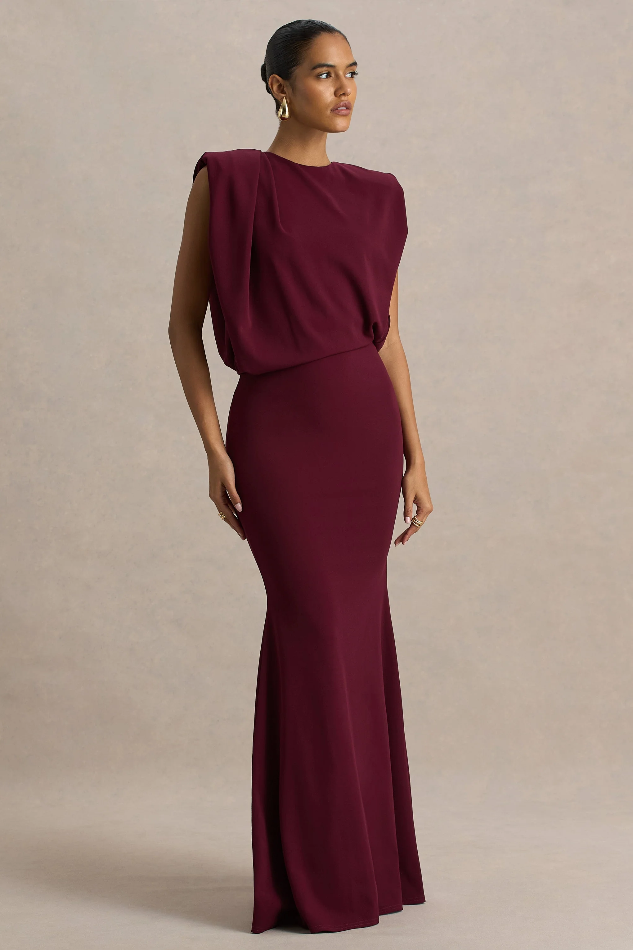 Meave | Burgundy Boat-Neck Maxi Dress With Draped Detail - Image 4