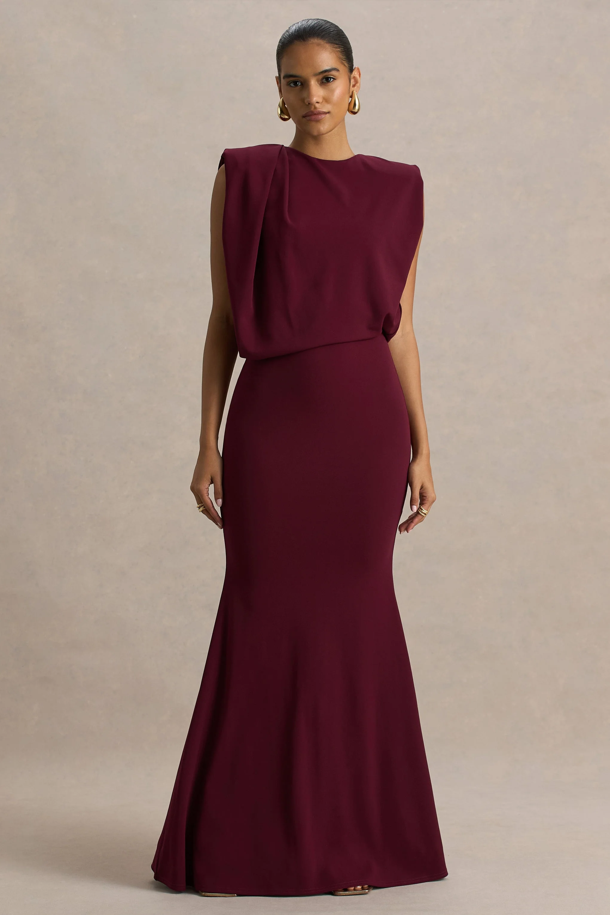 Meave | Burgundy Boat-Neck Maxi Dress With Draped Detail - Image 5