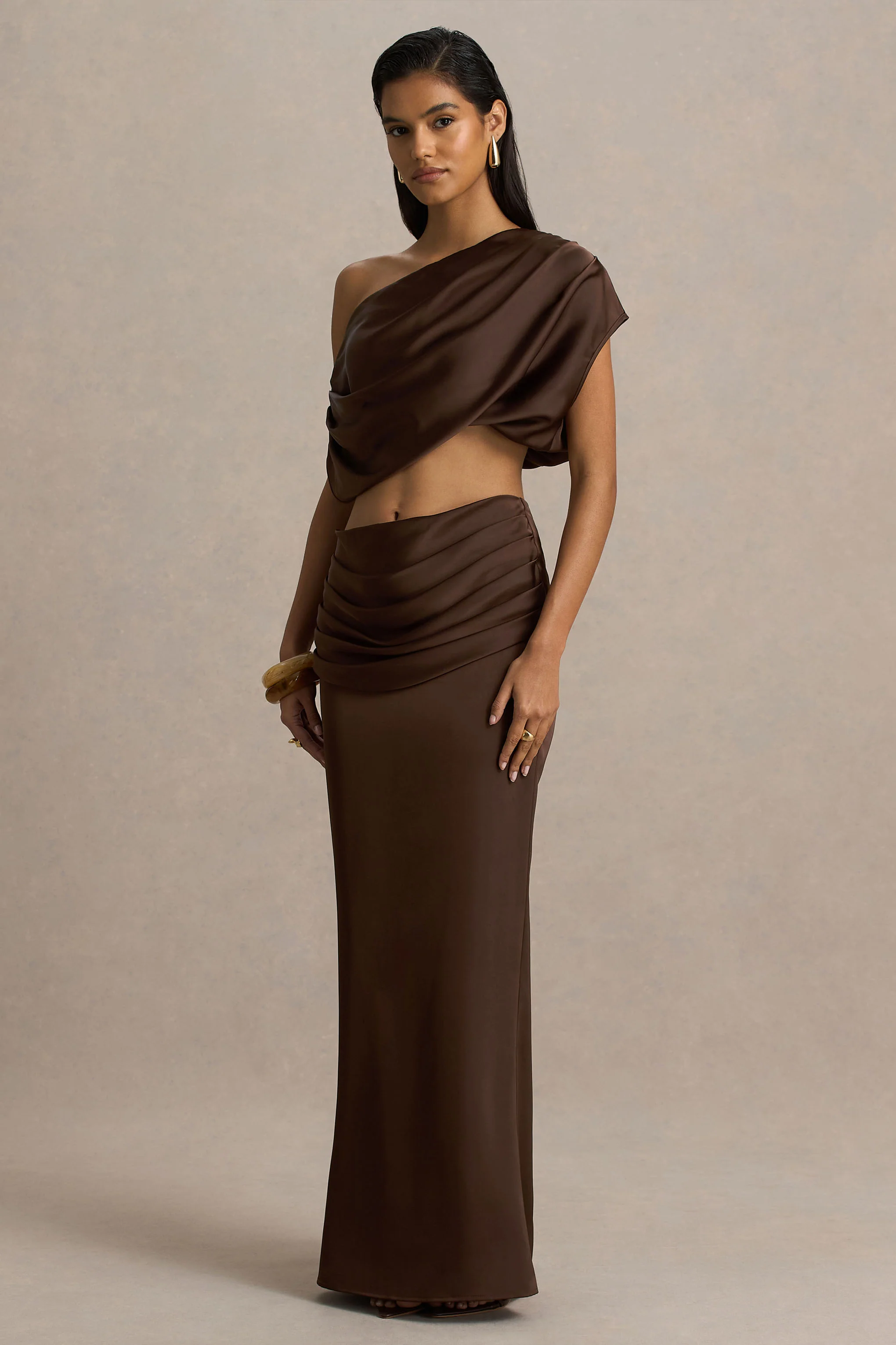 Megan | Brown Satin Wrap Maxi-Skirt With Gathered Detailing - Image 5