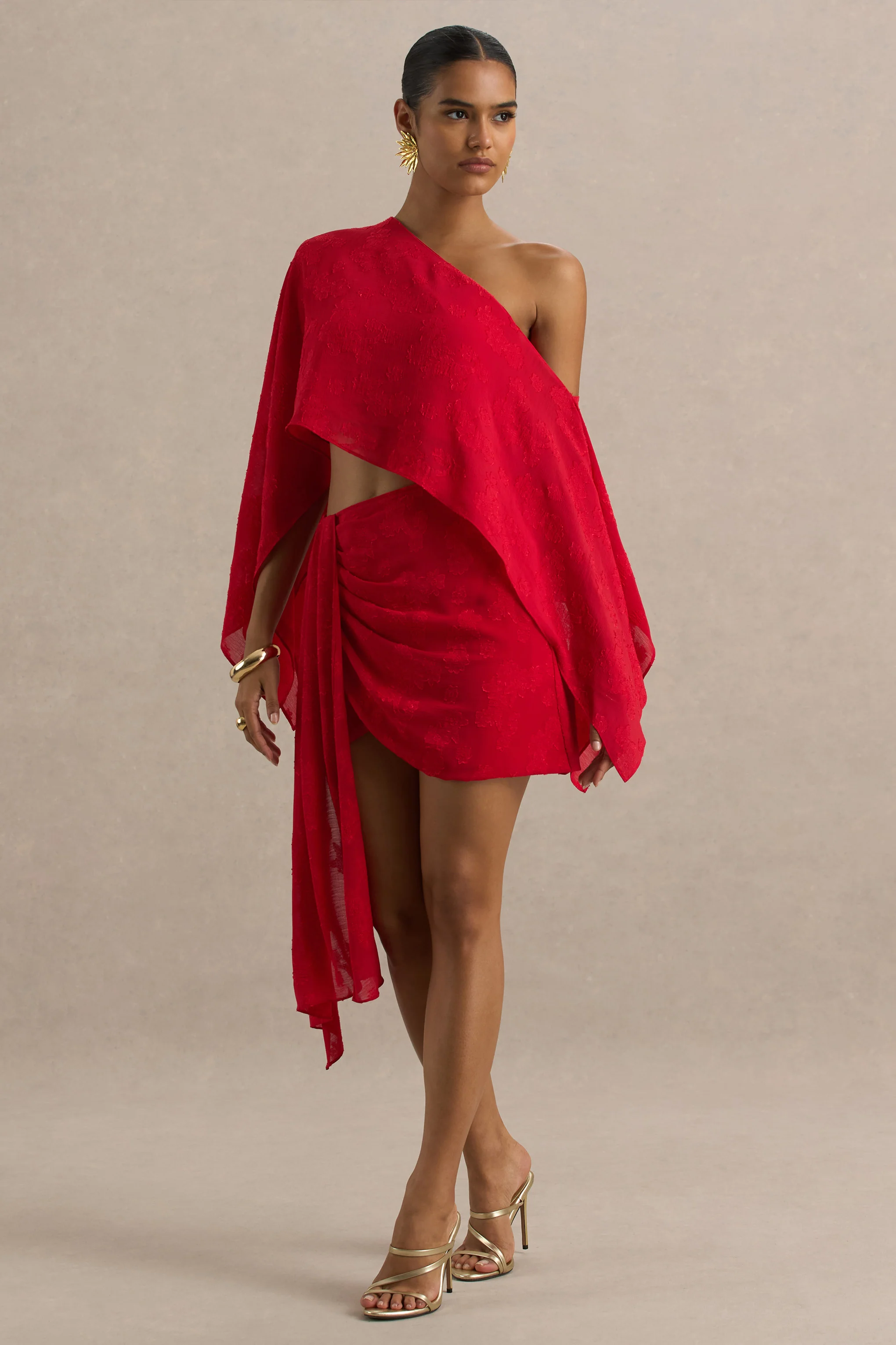 Melania | Red Satin Devore Wrap Mini Skirt With Sash Detail - Image 3
