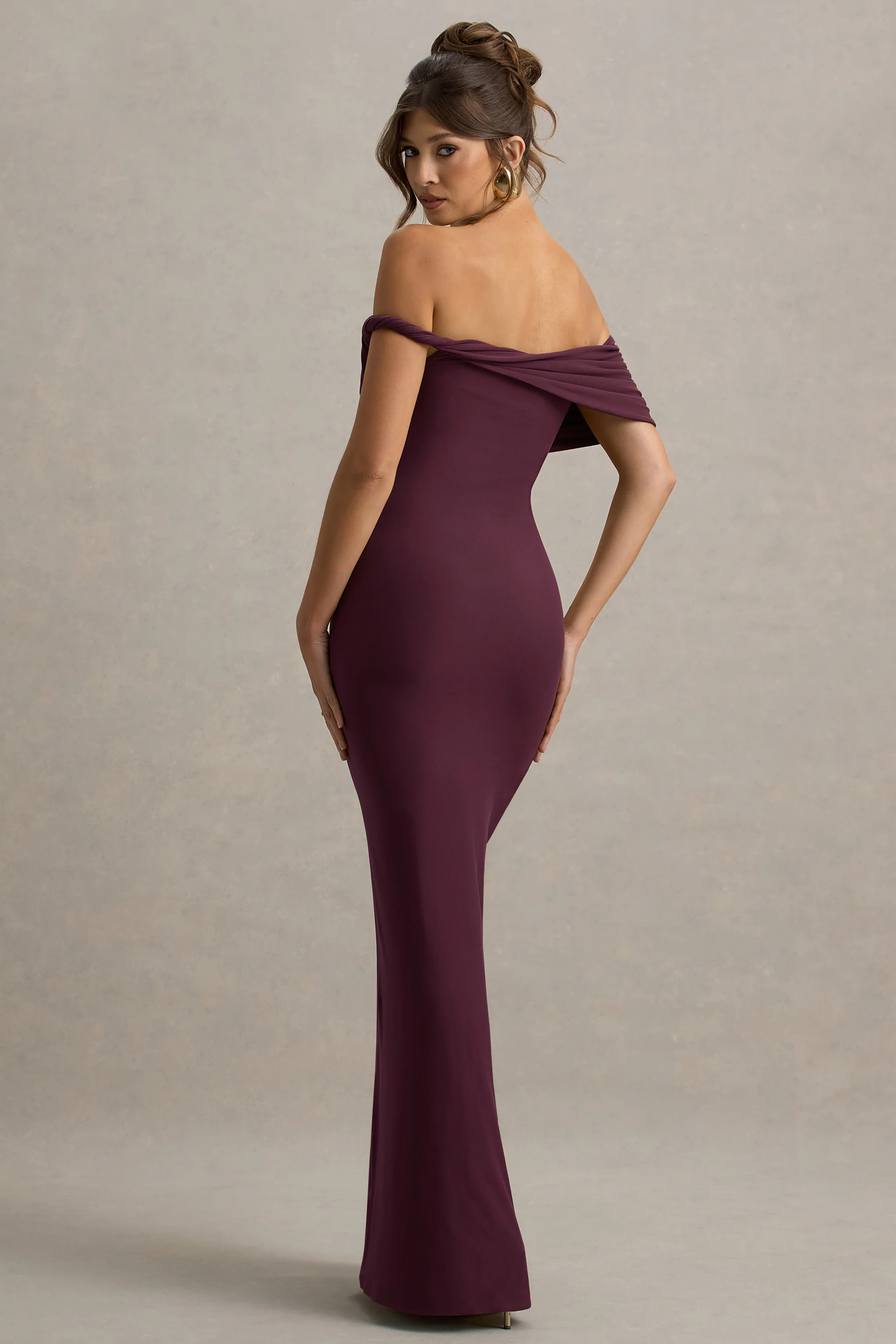 Melika | Burgundy Twisted Bardot Maxi Dress - Image 2