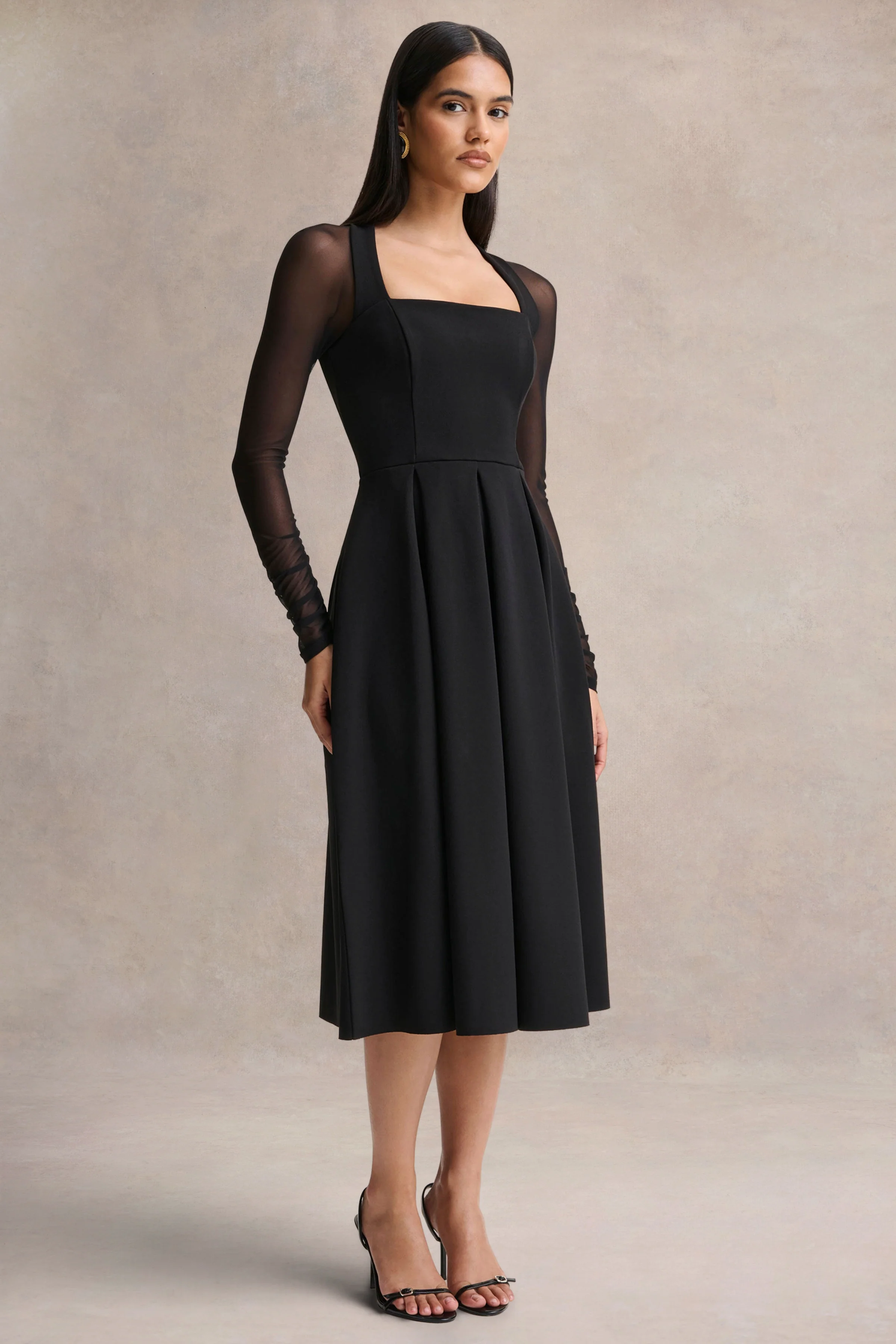 Melinda | Black Square-Neck Midi Dress With Mesh Detailing - Image 4