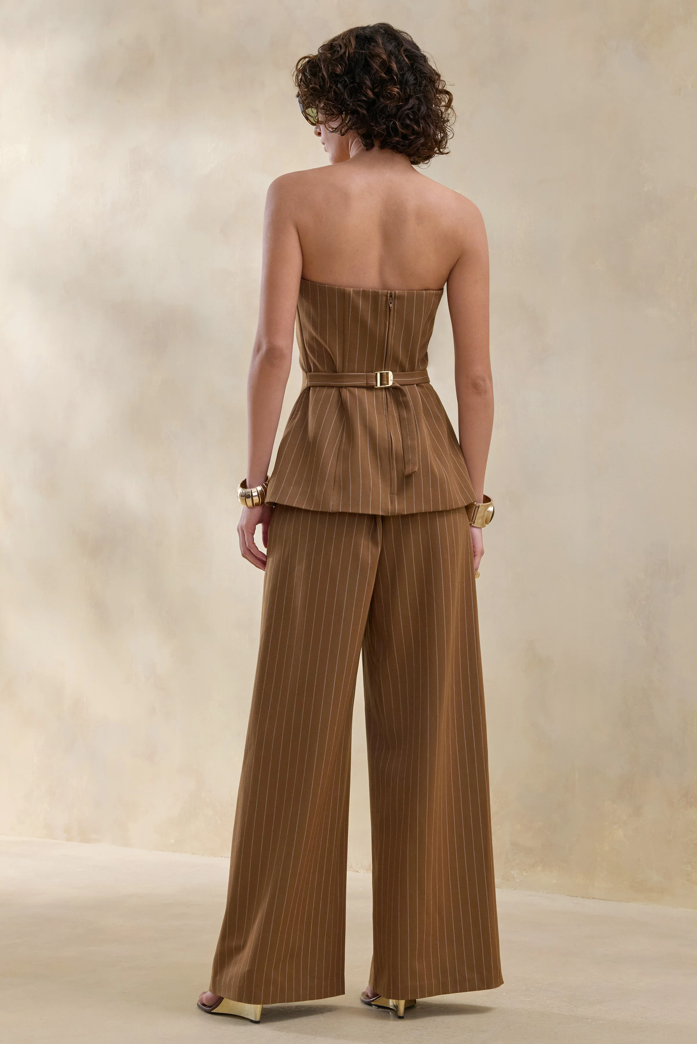 Meliva | Brown Pinstripe Wide-Leg Tailored Trouser - Image 2