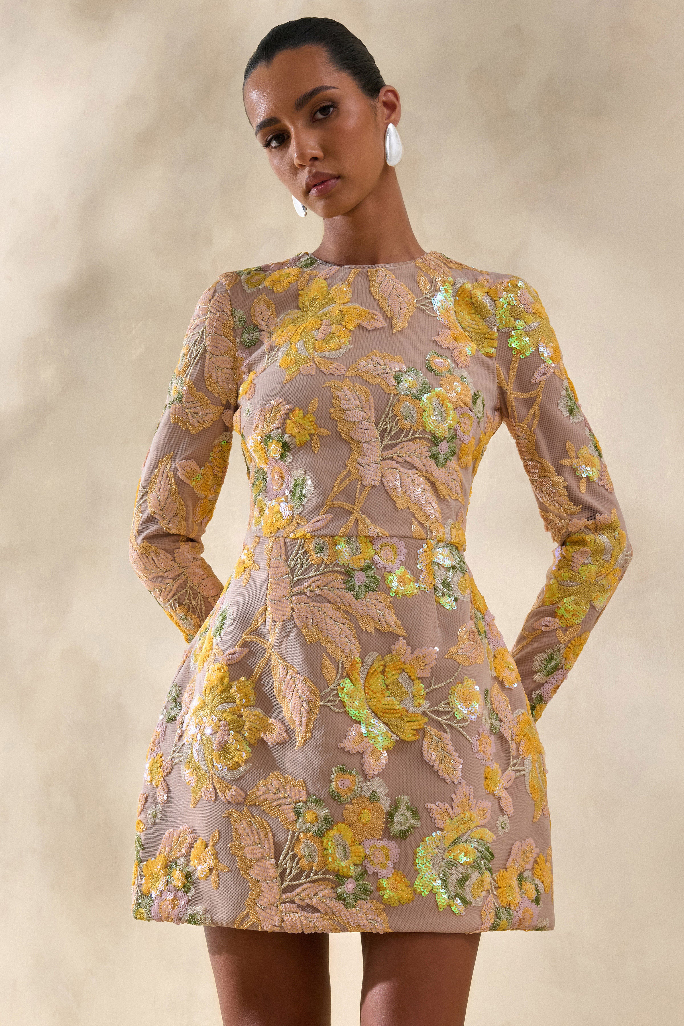 Merdia | Yellow Embellished Floral Crew-Neck Mini Dress - Image 6