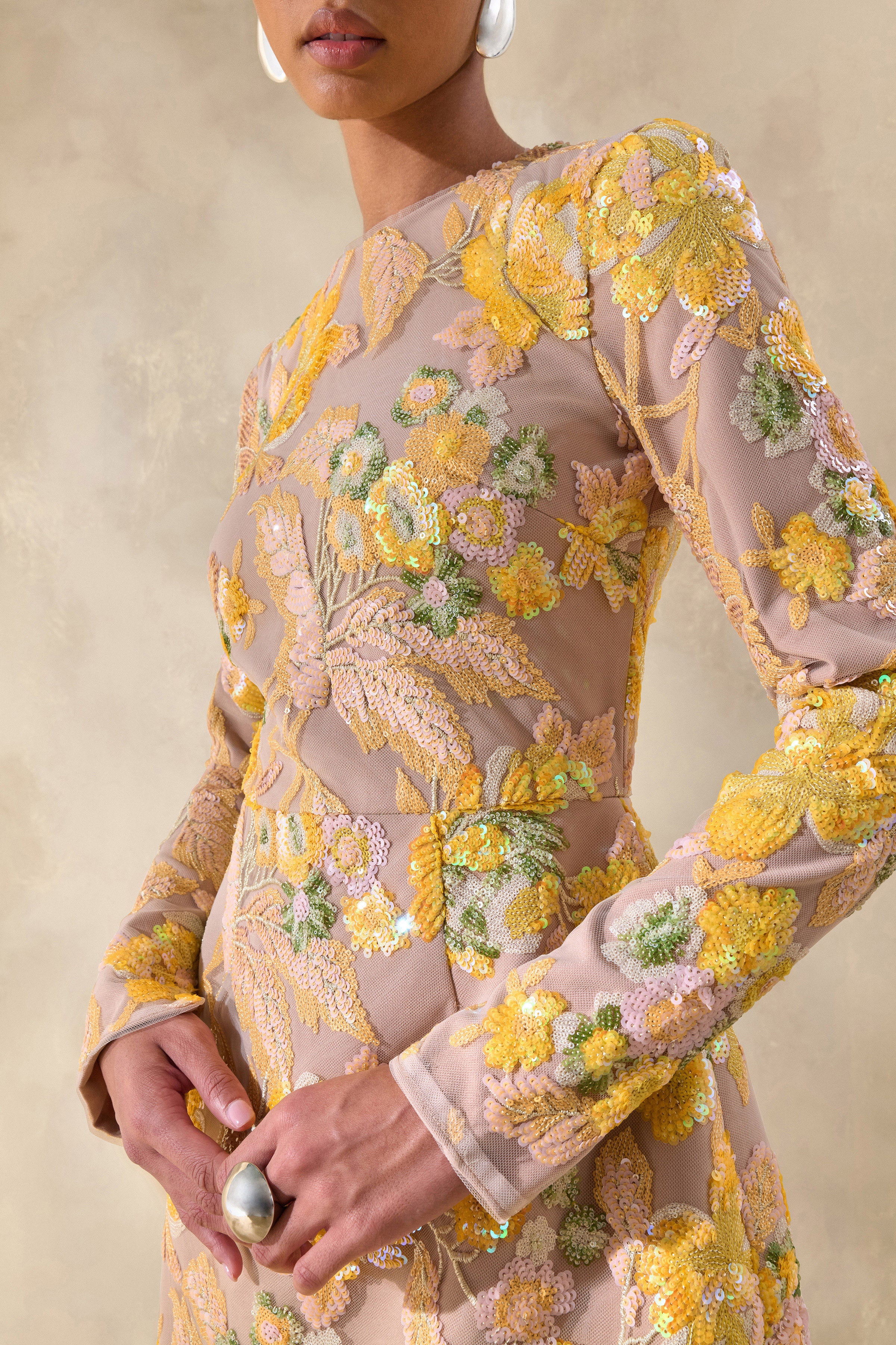 Merdia | Yellow Embellished Floral Crew-Neck Mini Dress - Image 8