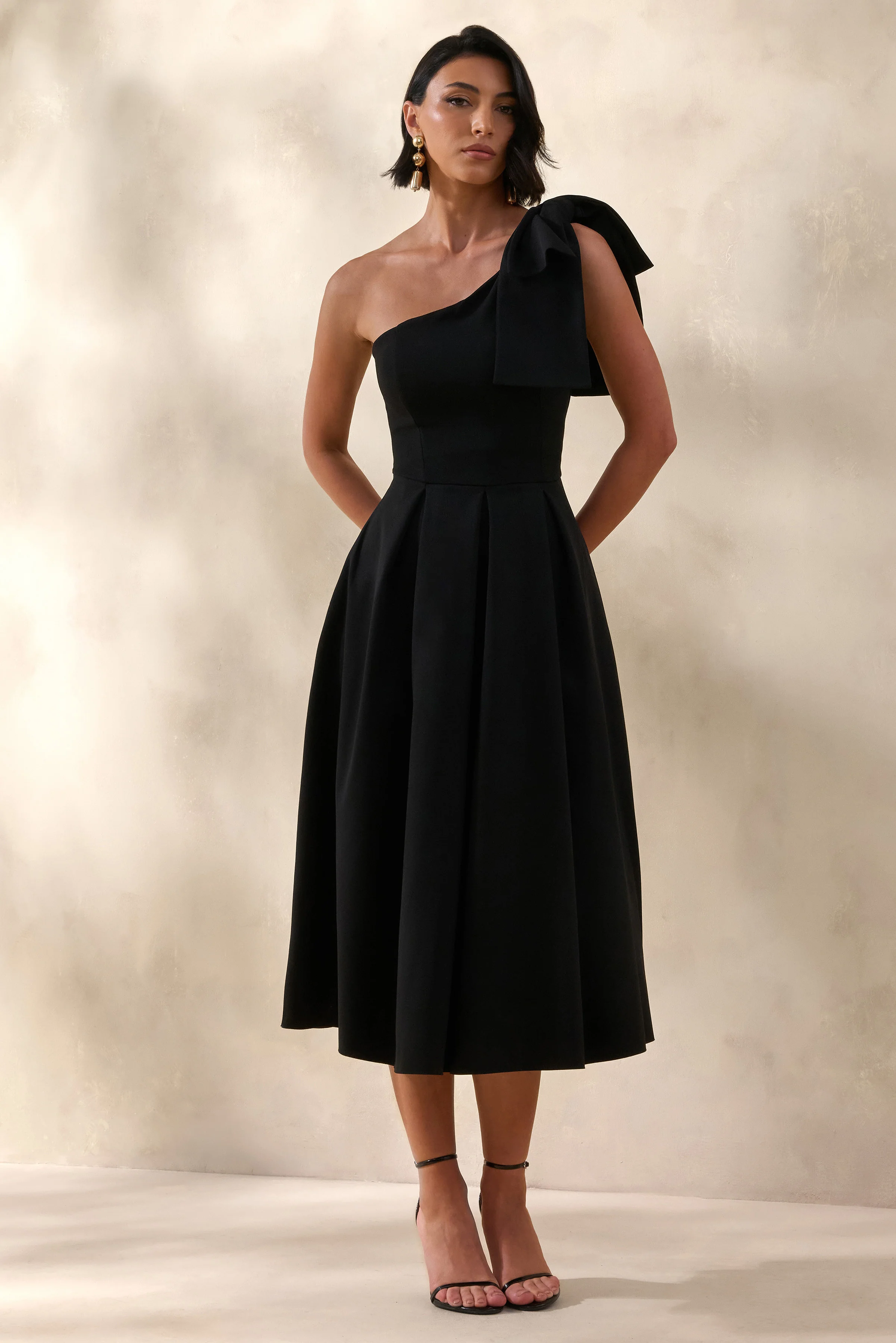 Meria | Black Asymmetric-Neck Midi Dress With Bow-Sleeve - Image 4