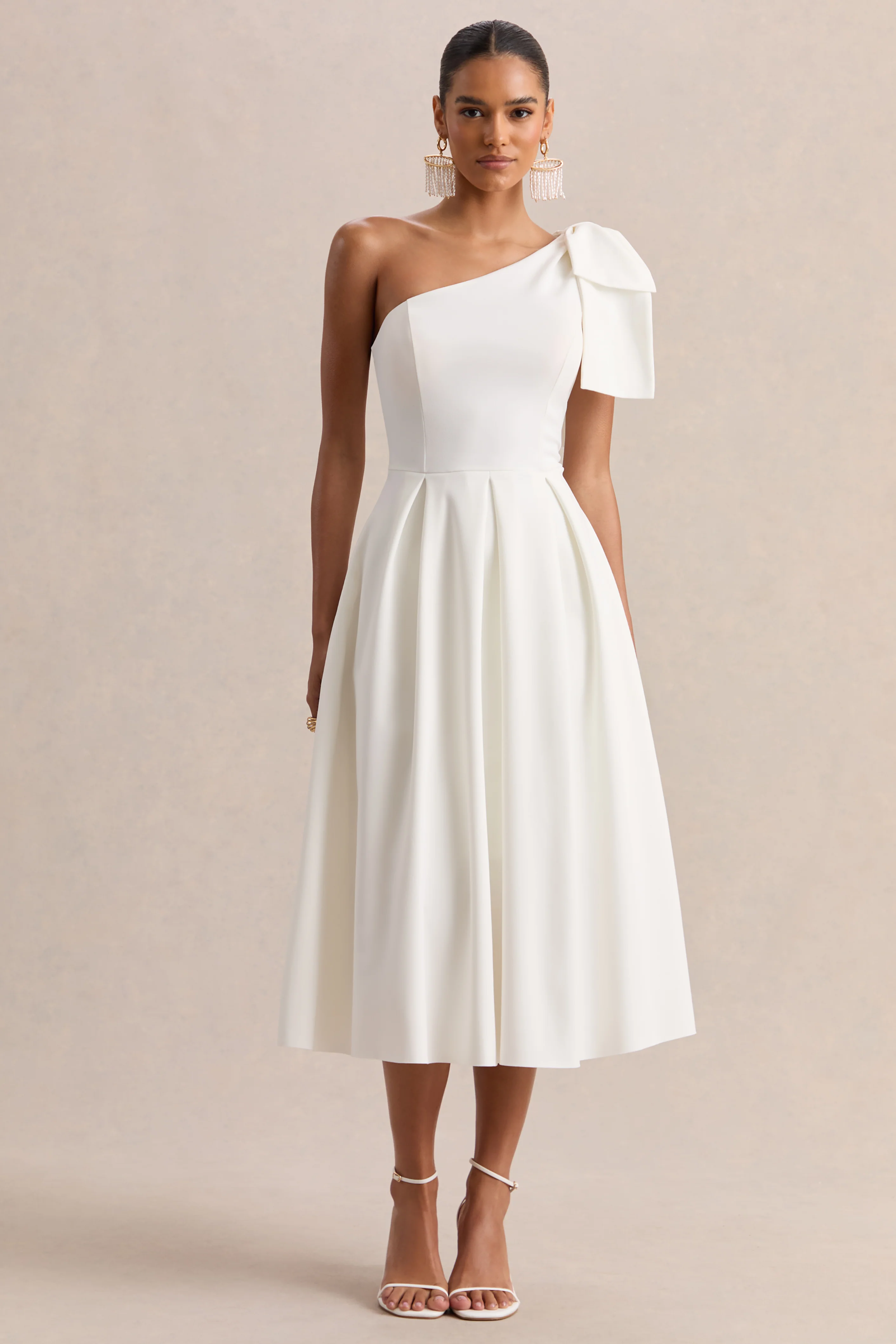 Meria | White Asymmetric-Neck Midi Dress With Bow-Sleeve