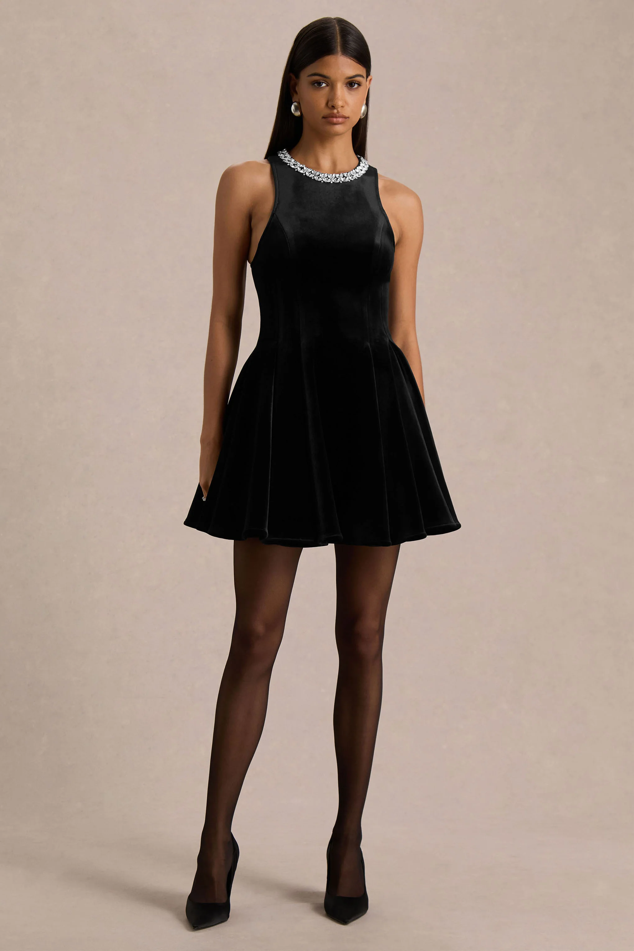 Meva | Black Velvet Hand-Embellished High-Neck Mini Dress - Image 5