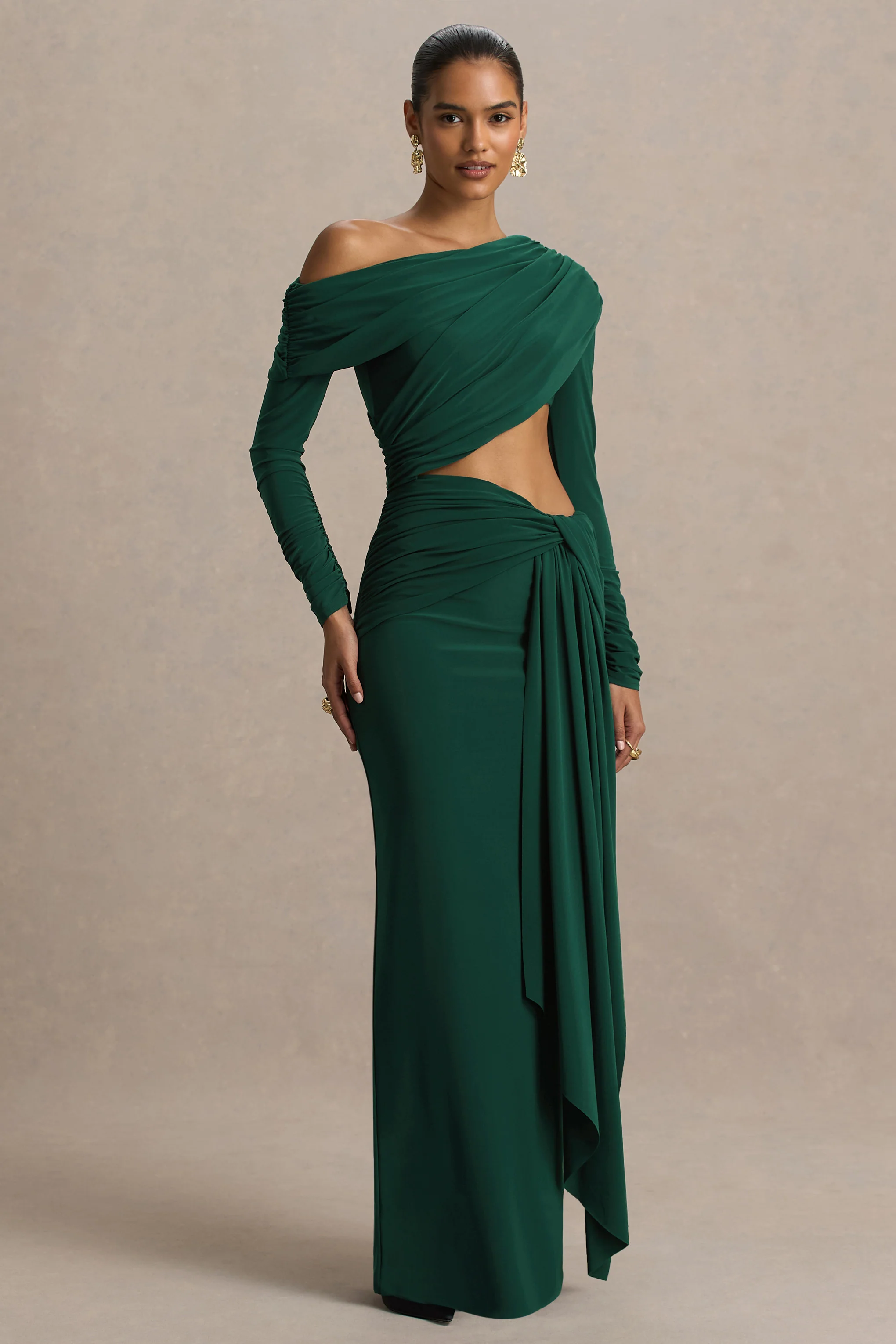 Mikayla | Dark Green Asymmetric-Neck Wrap Maxi Dress With Body Cut-Out And Ruched Detailing - Image 3