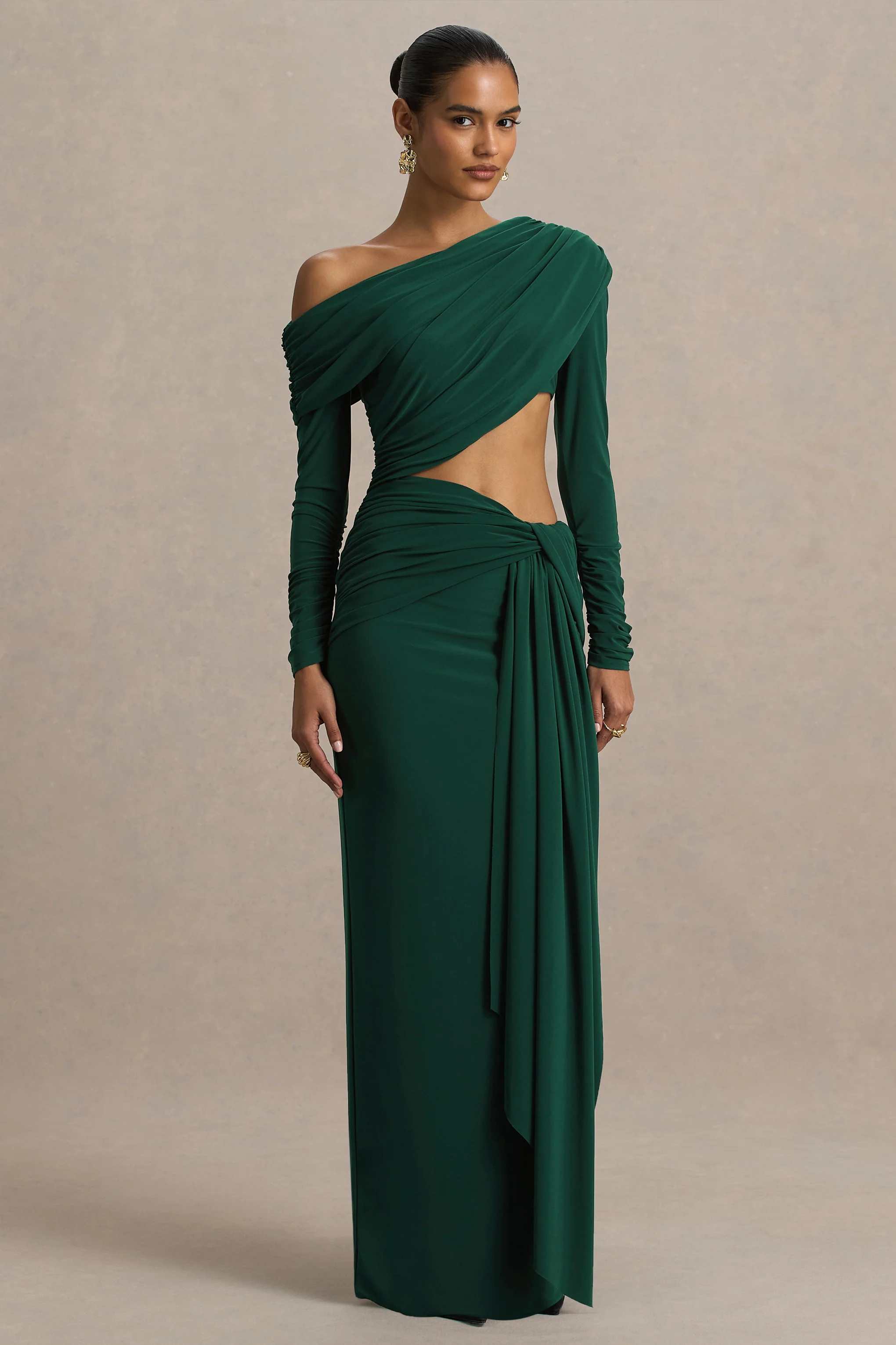 Mikayla | Dark Green Asymmetric-Neck Wrap Maxi Dress With Body Cut-Out And Ruched Detailing - Image 5