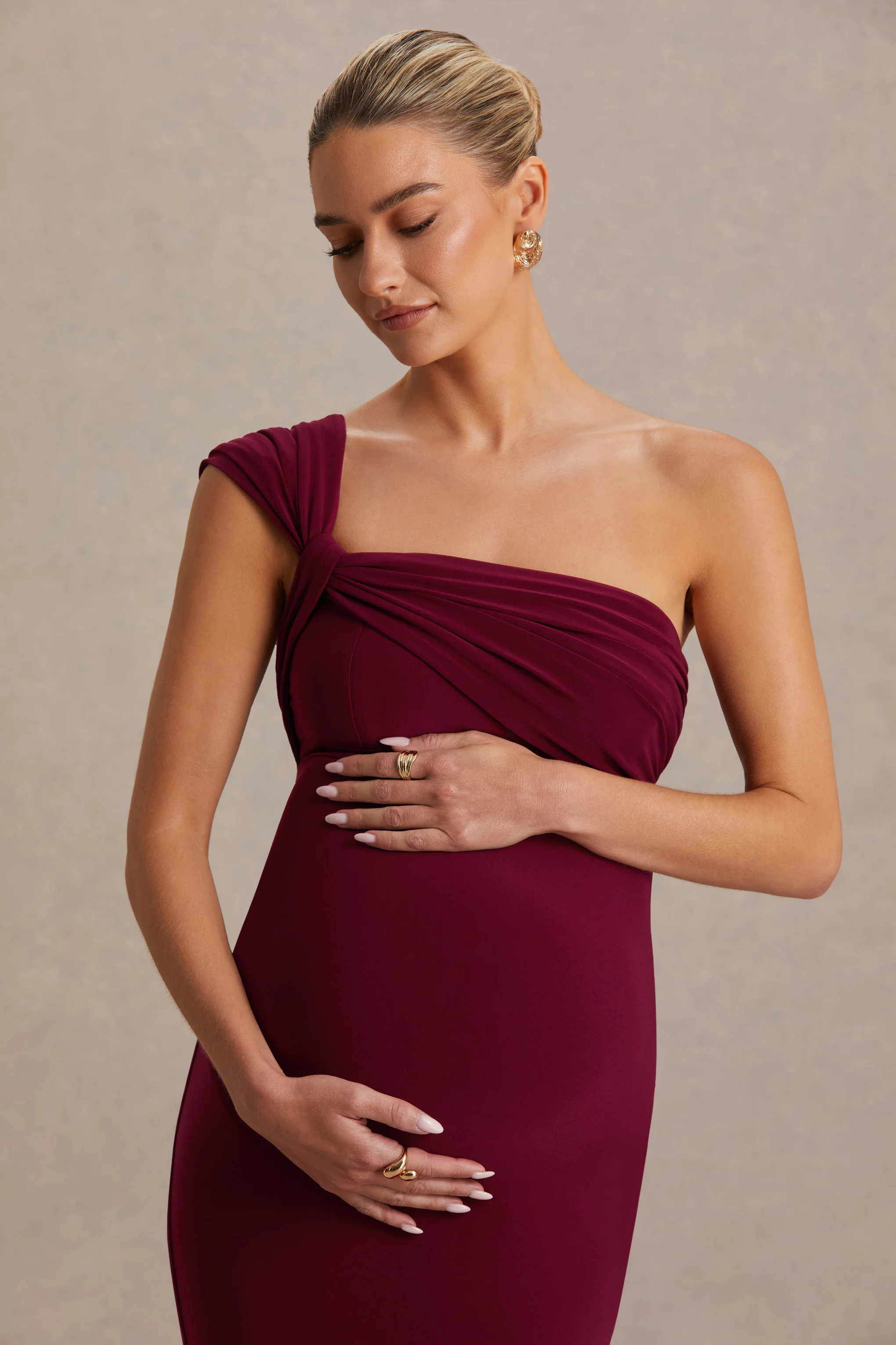 Mila | Burgundy Asymmetric-Neck Maternity Maxi Dress - Image 3
