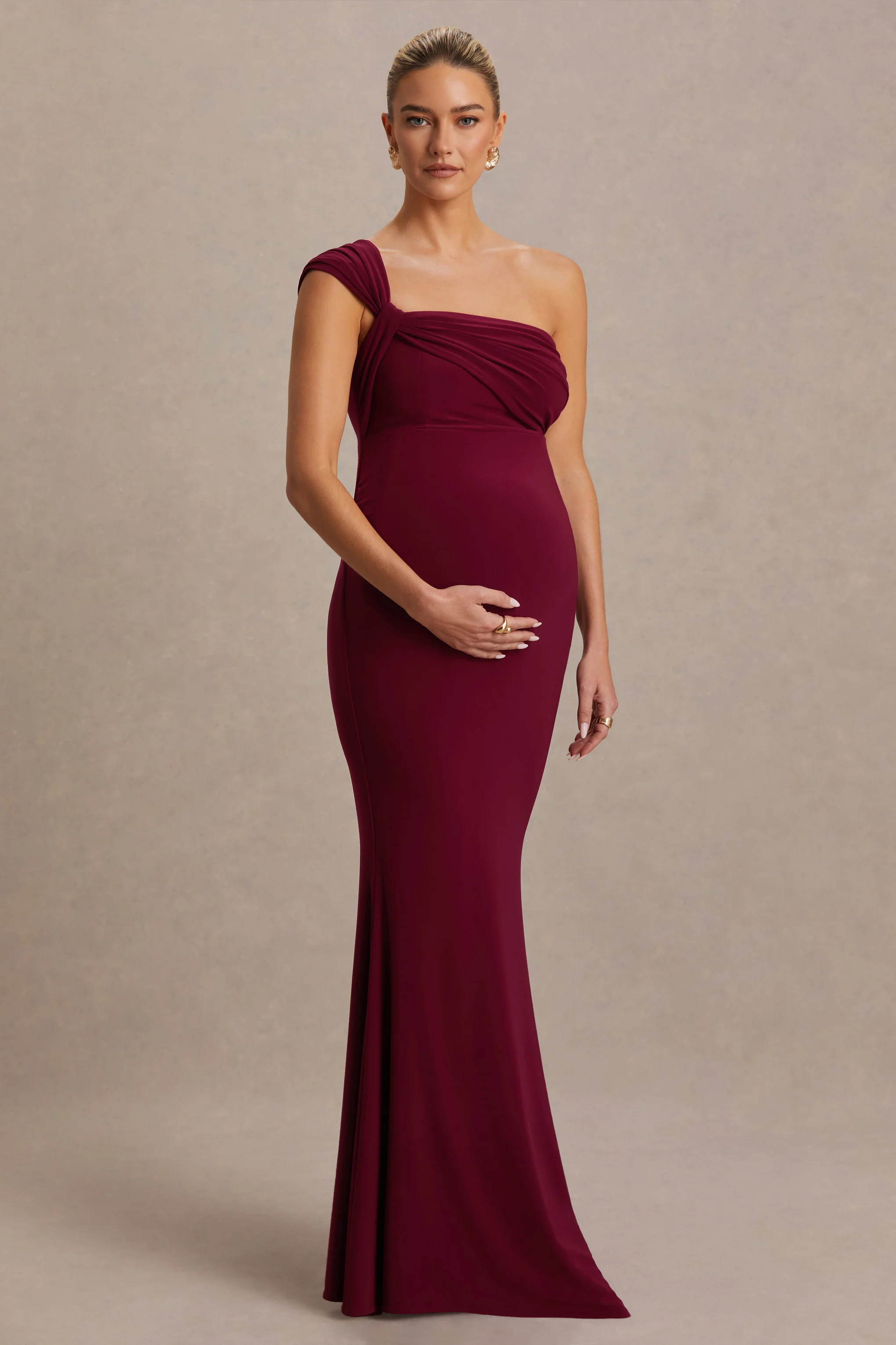 Mila | Burgundy Asymmetric-Neck Maternity Maxi Dress - Image 5