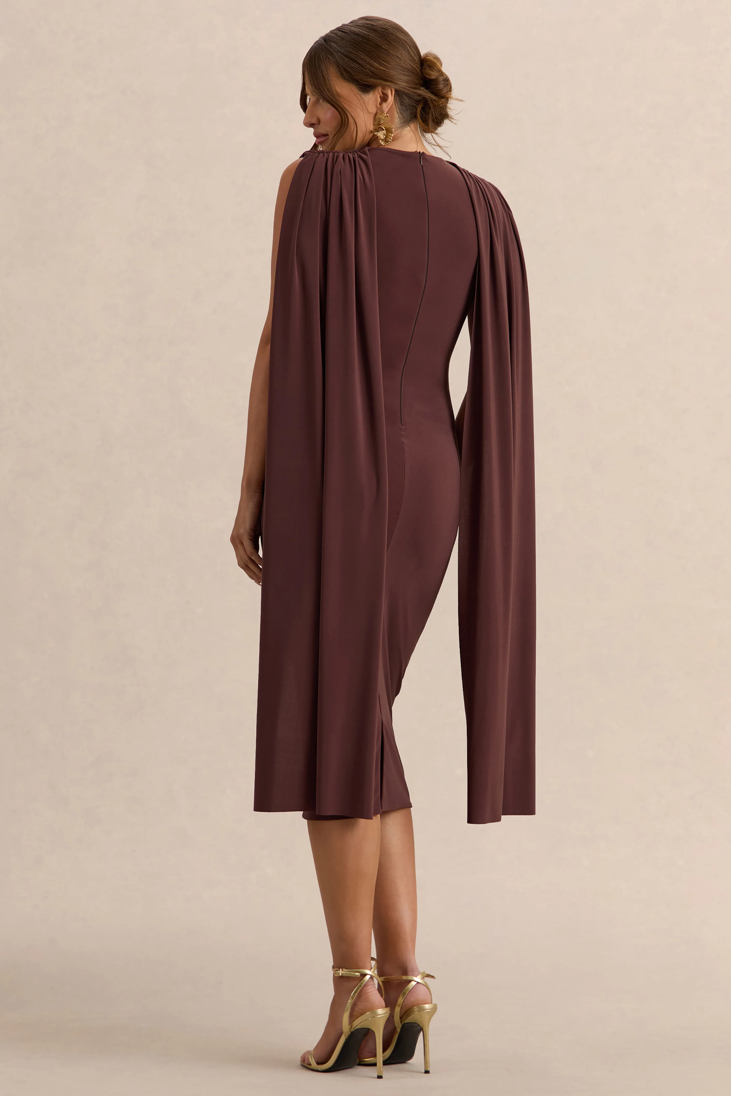 Milaine | Dark Brown Round-Neck Maternity Midi Dress With Cape Sleeves - Image 2