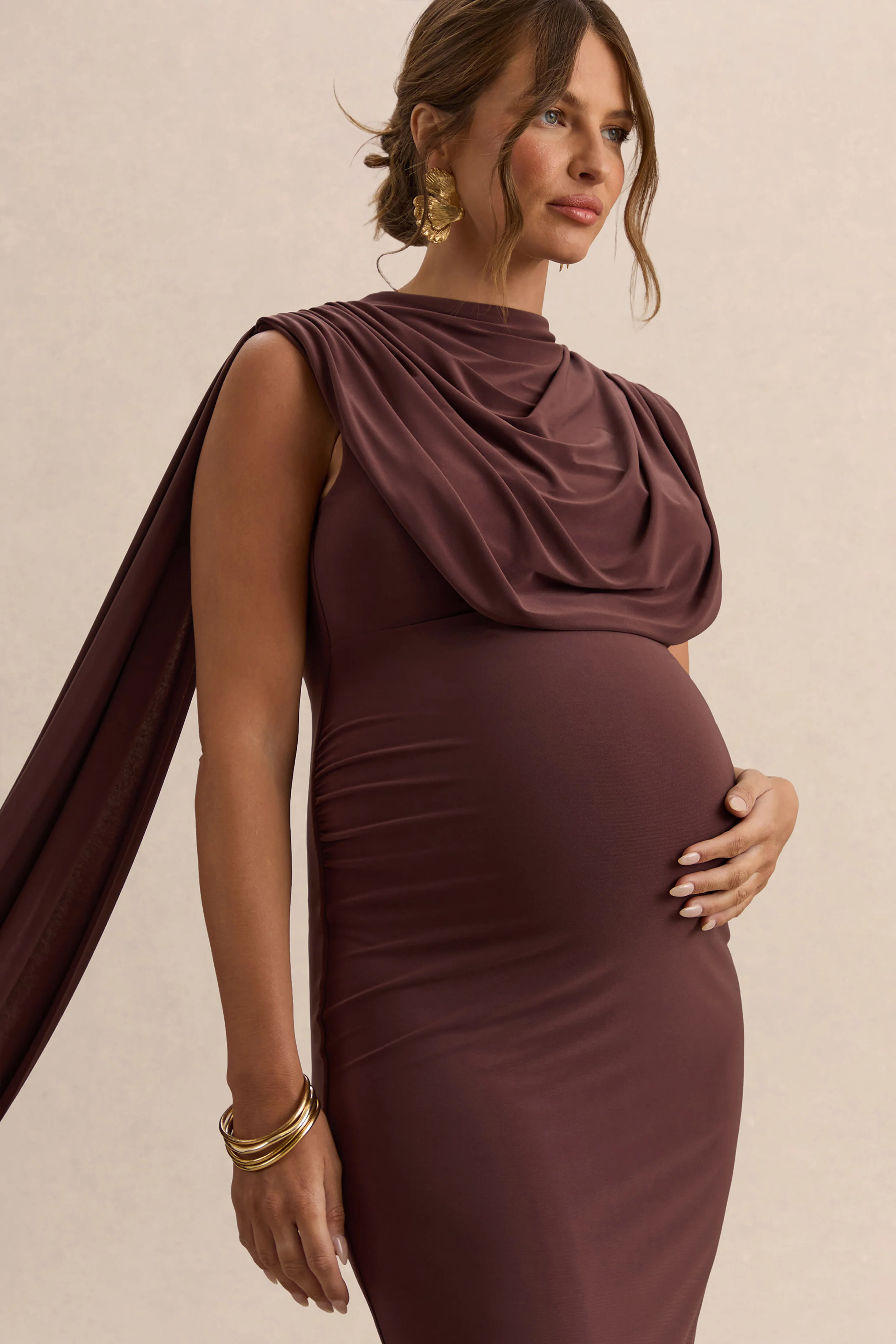 Milaine | Dark Brown Round-Neck Maternity Midi Dress With Cape Sleeves - Image 3