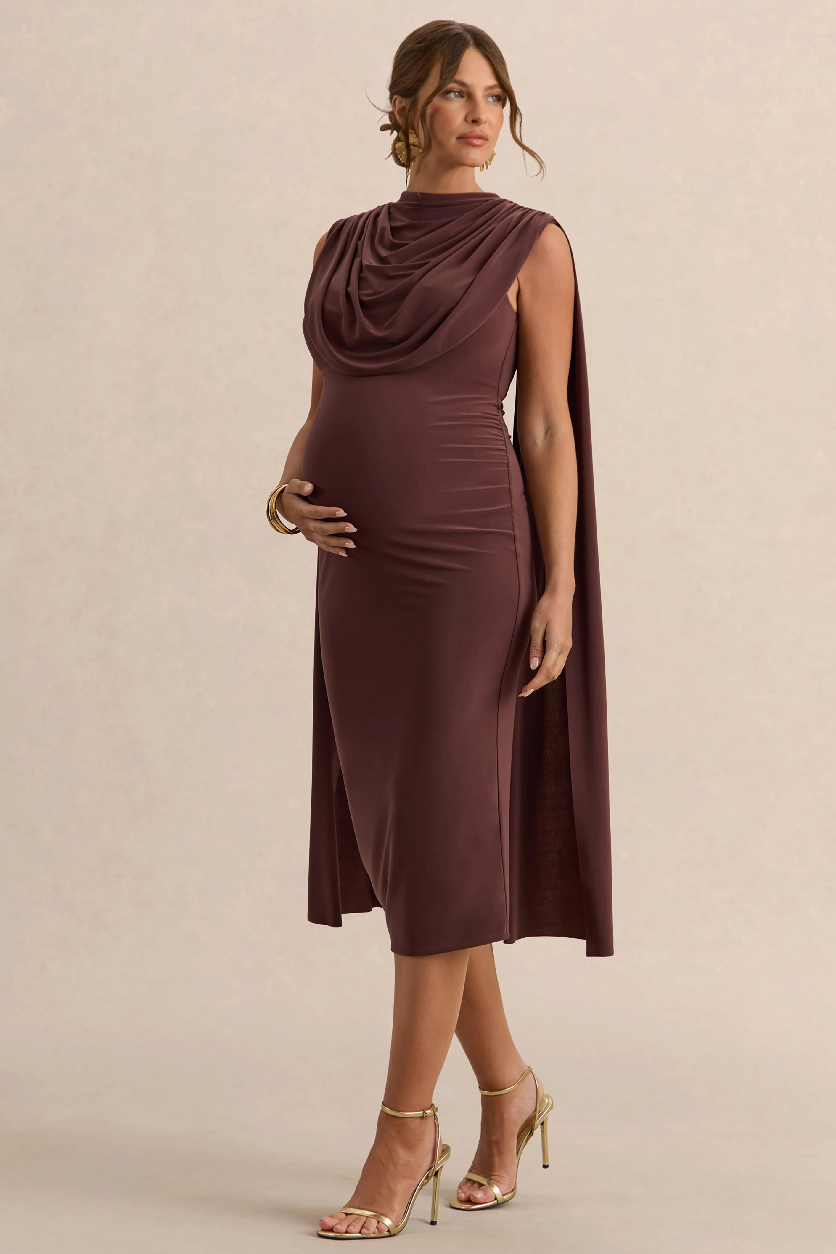 Milaine | Dark Brown Round-Neck Maternity Midi Dress With Cape Sleeves - Image 4