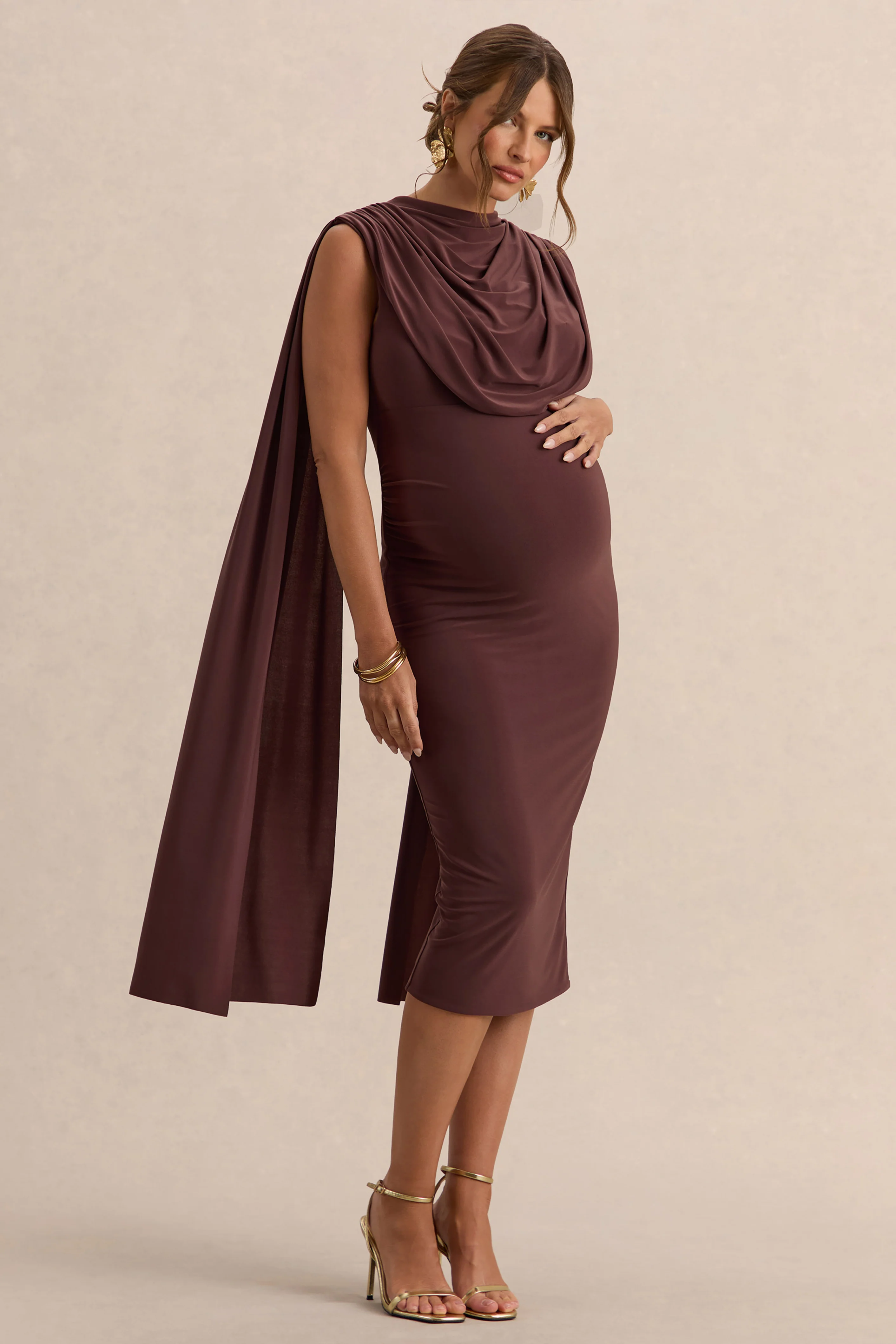 Milaine | Dark Brown Round-Neck Maternity Midi Dress With Cape Sleeves - Image 5
