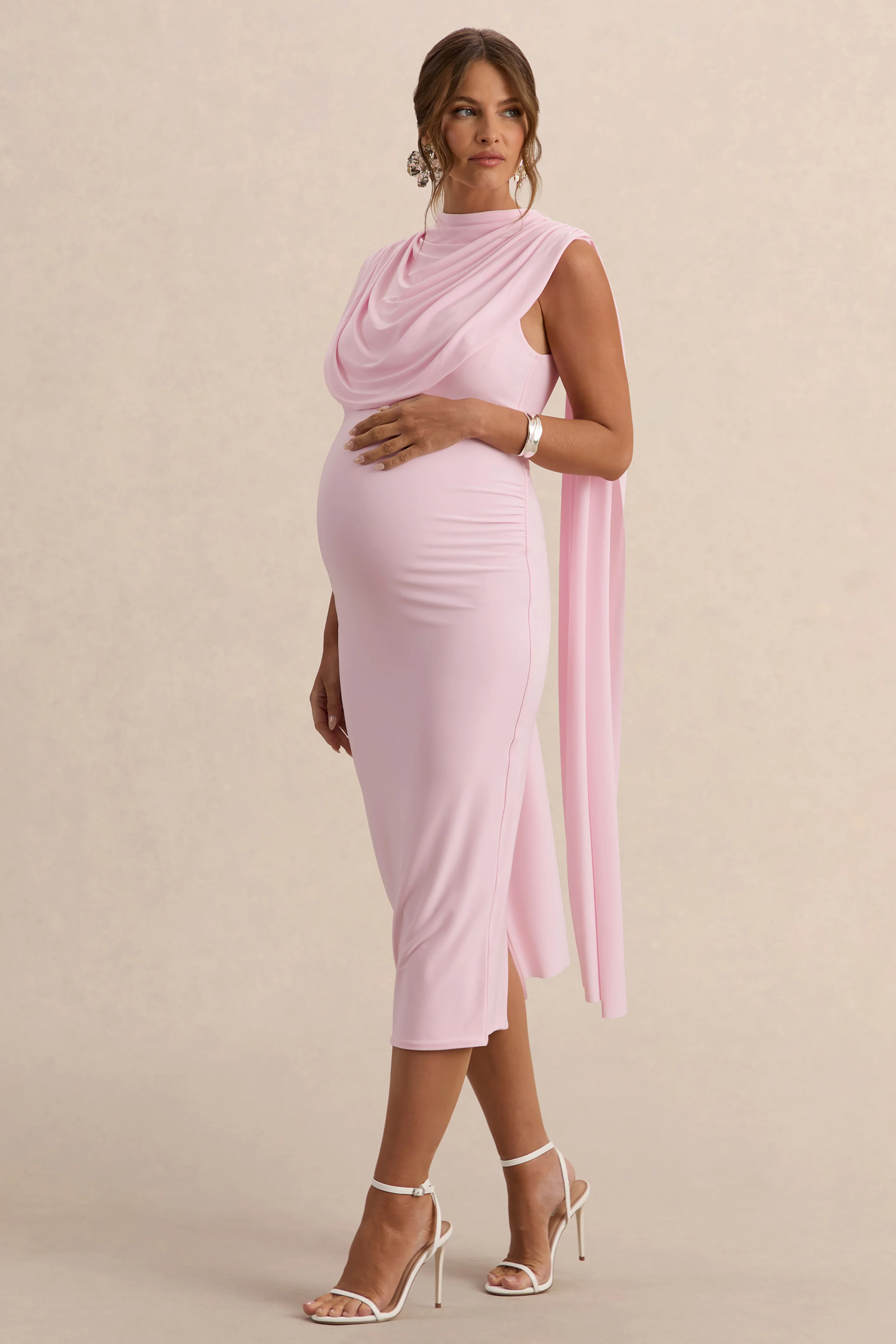 Milaine | Light Pink Round-Neck Maternity Midi Dress With Cape Sleeves - Image 5