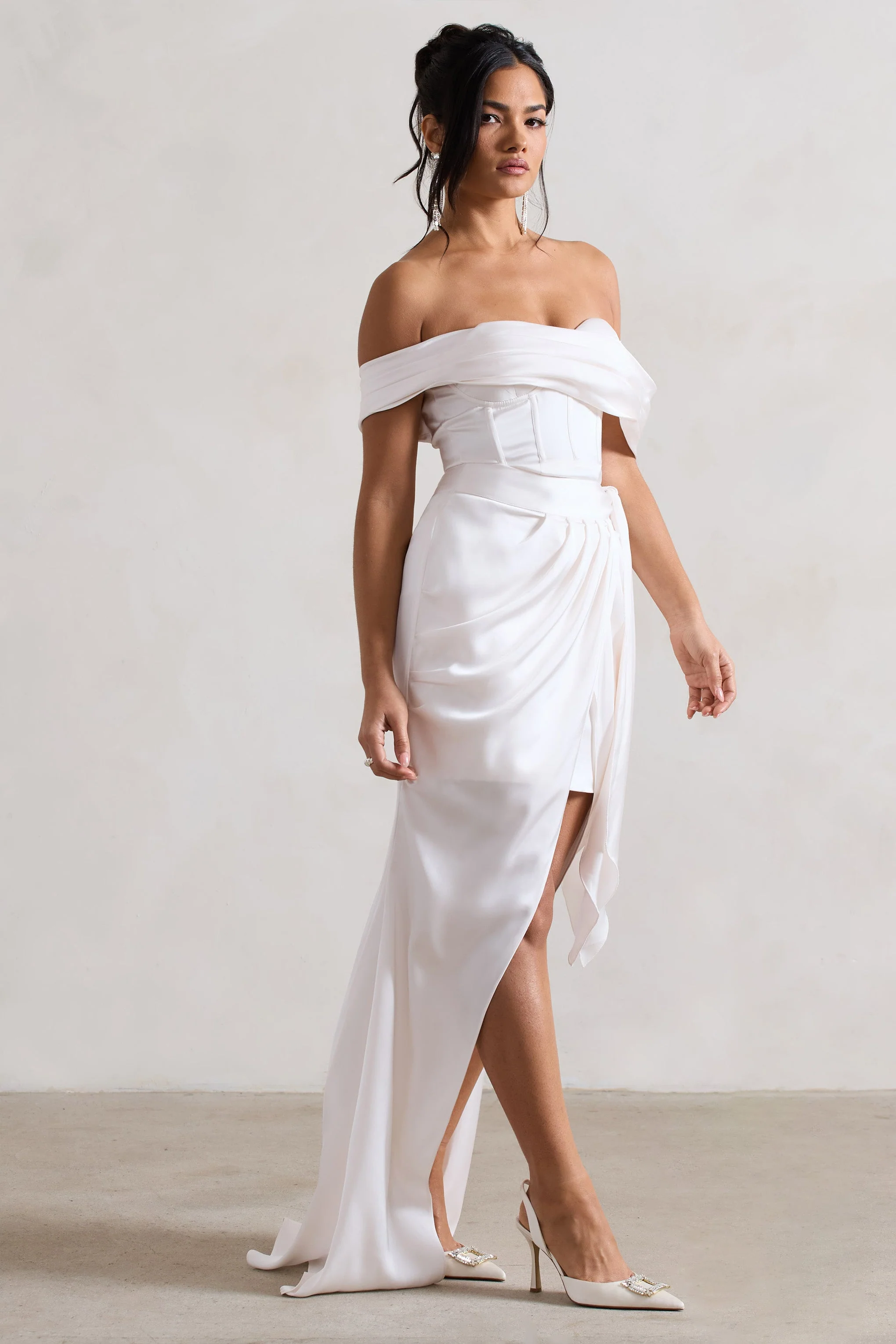 Milano | Cream Satin Bardot Maxi Dress With Detachable Skirt - Image 4