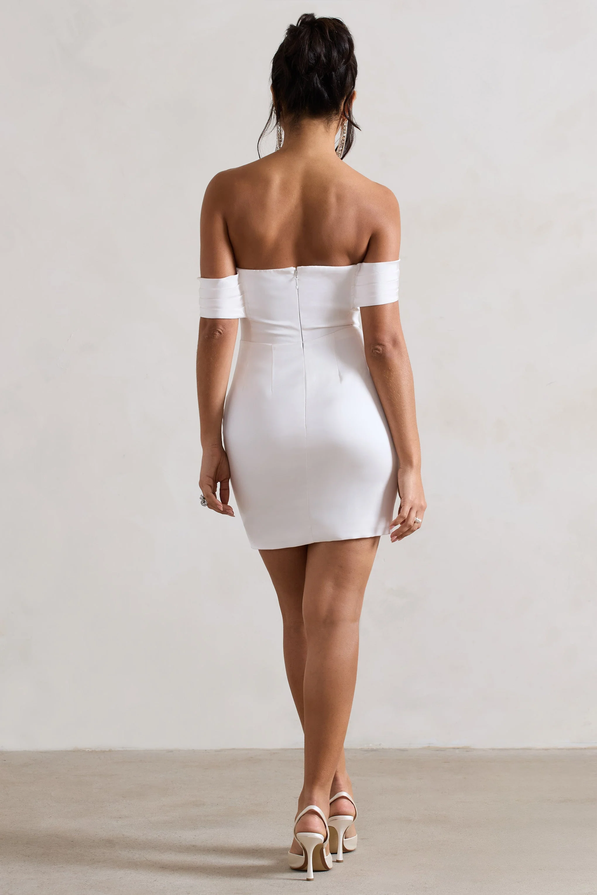 Milano | Cream Satin Bardot Maxi Dress With Detachable Skirt - Image 6