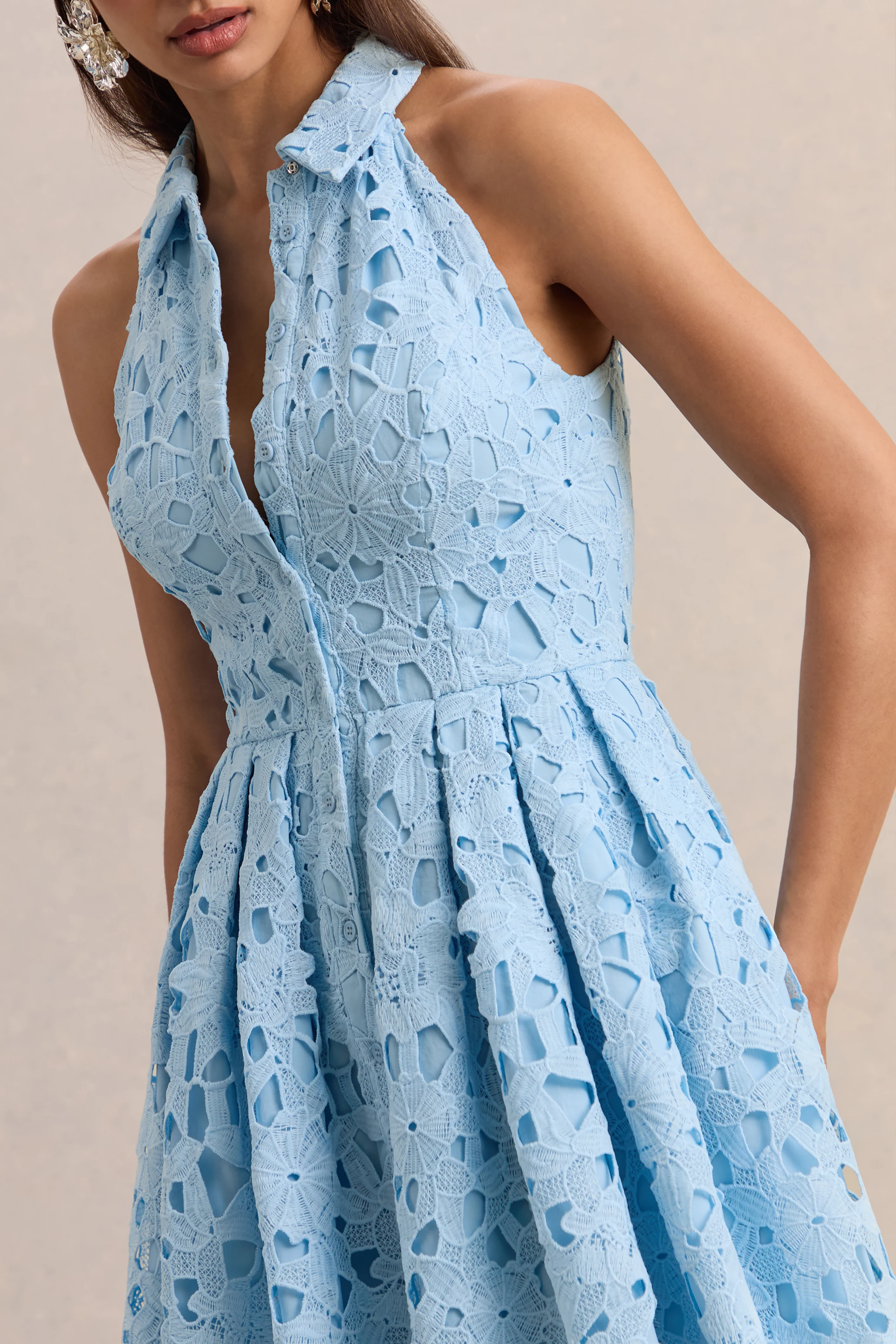 Milly | Powder Blue Lace Halter-Neck Mini Dress - Image 6