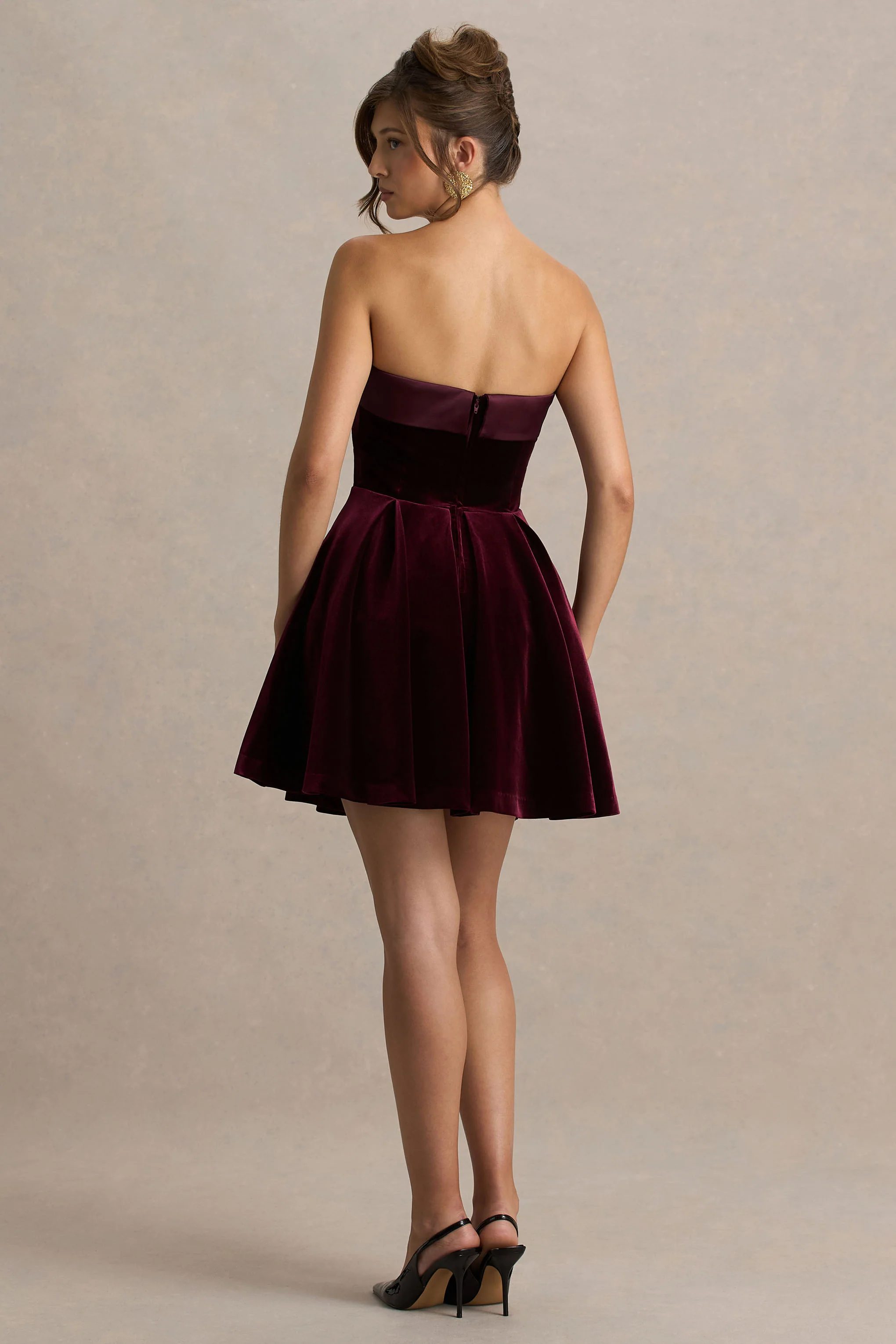 Mina | Burgundy Velvet And Satin Bandeau Skater Mini Dress - Image 2