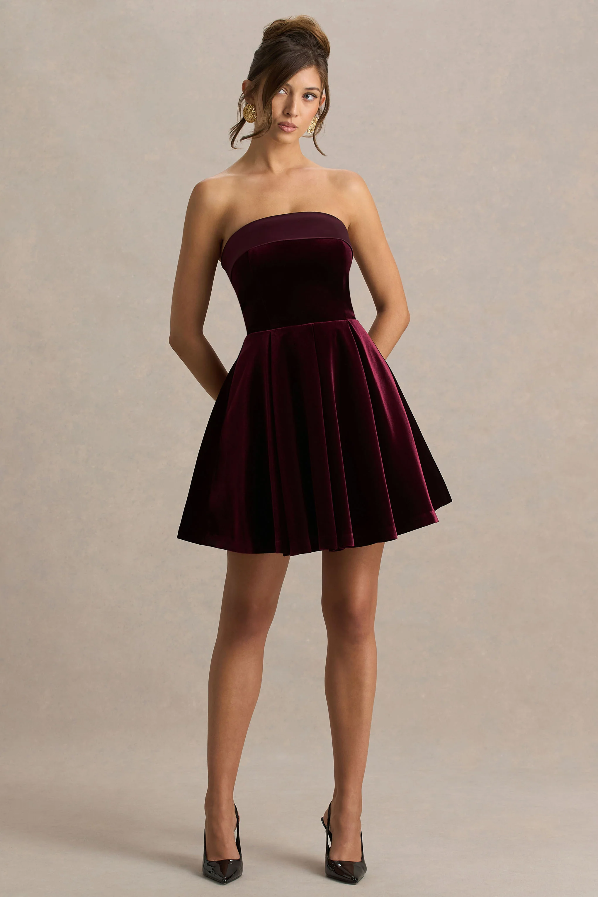 Mina | Burgundy Velvet And Satin Bandeau Skater Mini Dress - Image 4
