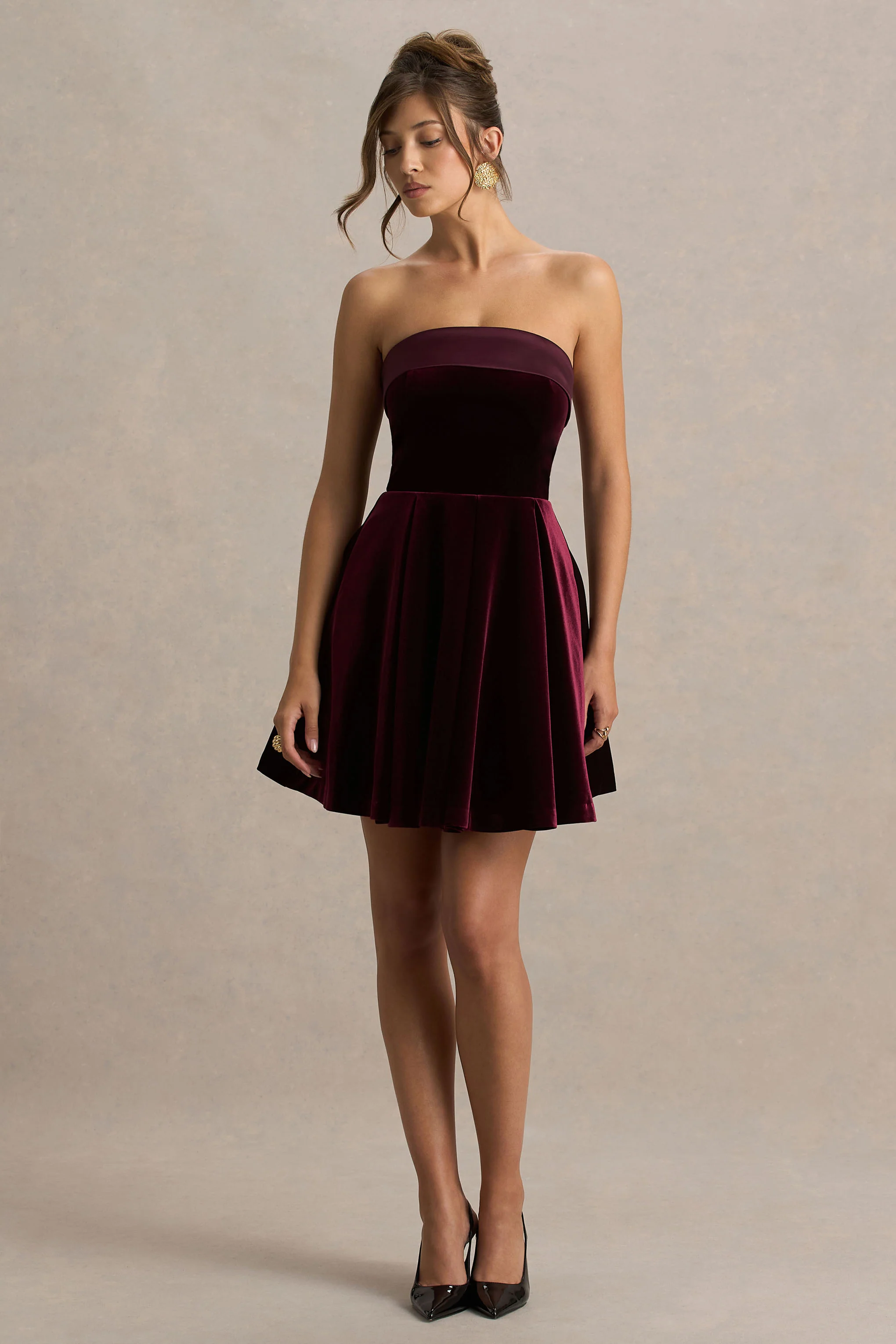 Mina | Burgundy Velvet And Satin Bandeau Skater Mini Dress - Image 5