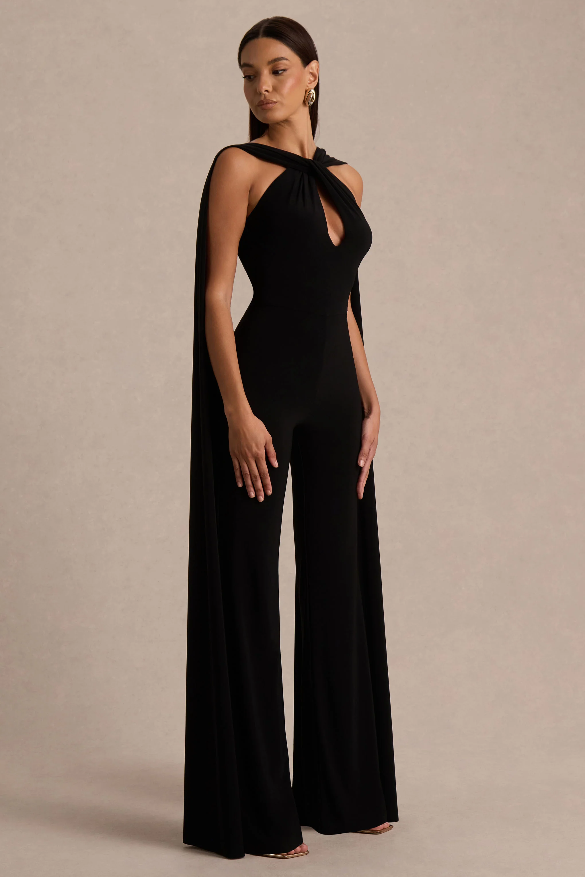 Mindy | Black Twist Halter-Neck Jumpsuit With Cape - Image 3