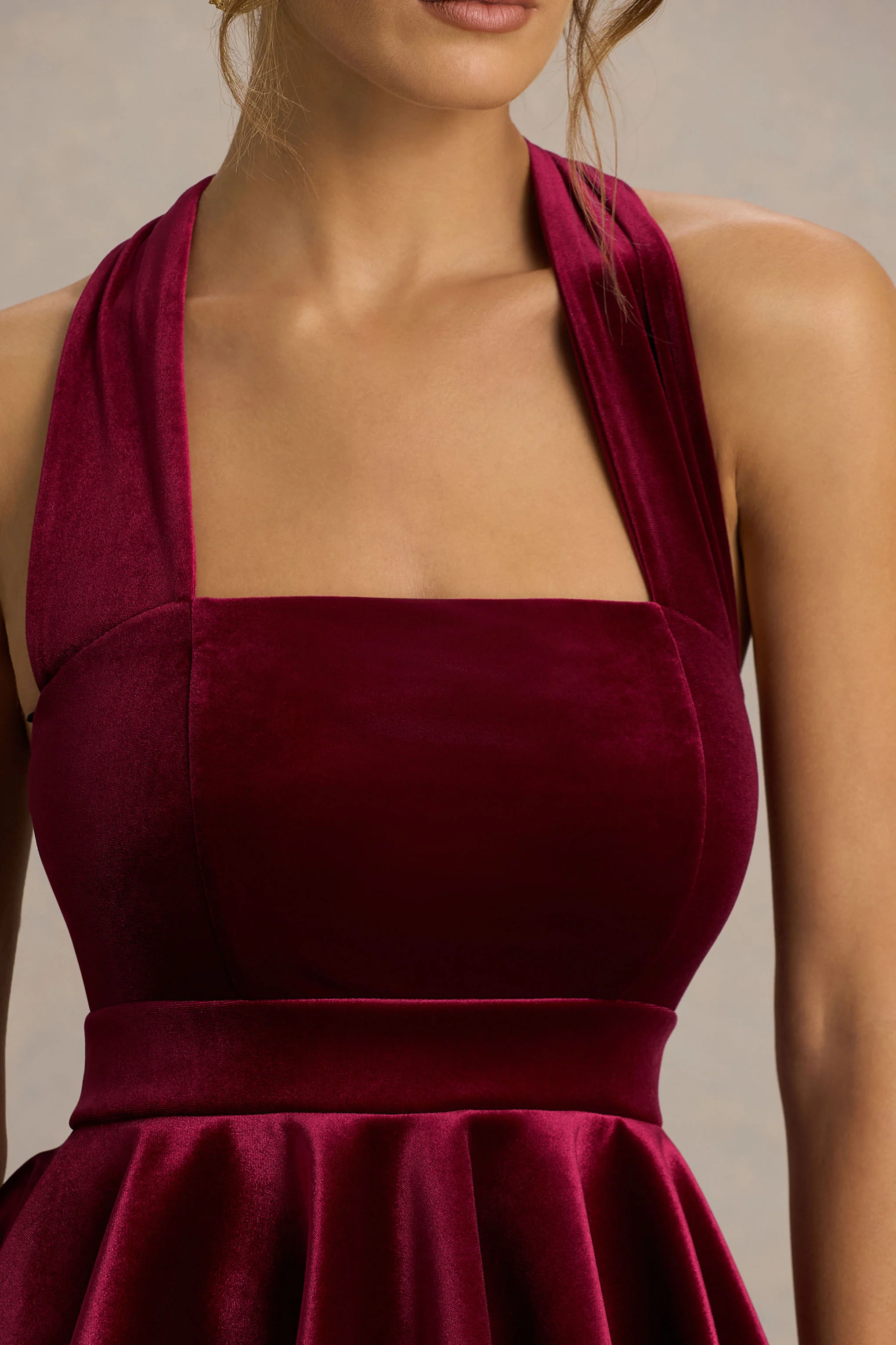 Mirage | Burgundy Velvet Halter-Neck Mini Dress With Skater-Skirt - Image 3