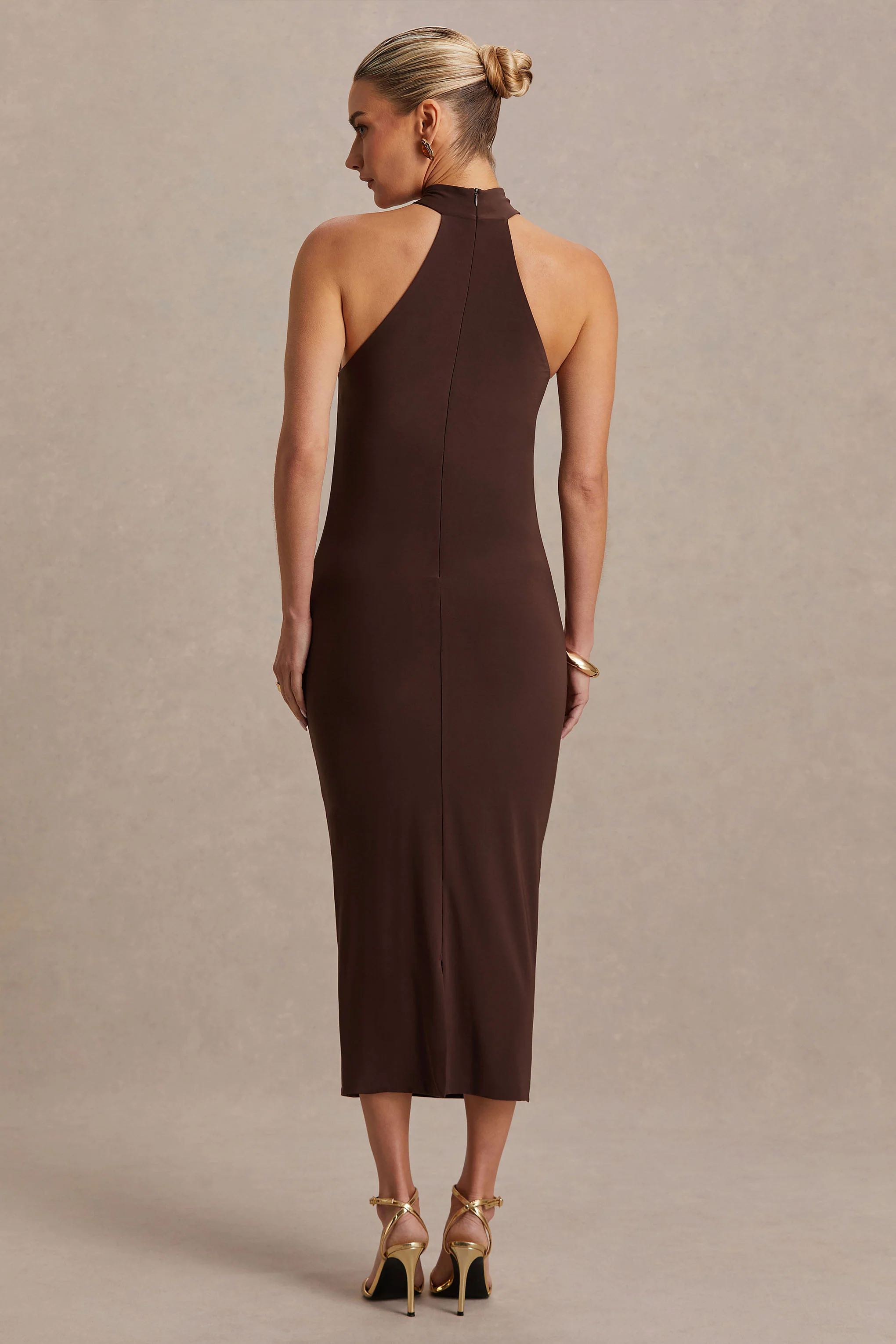 Mireille | Brown Halter-Neck Maternity Midi Dress - Image 2