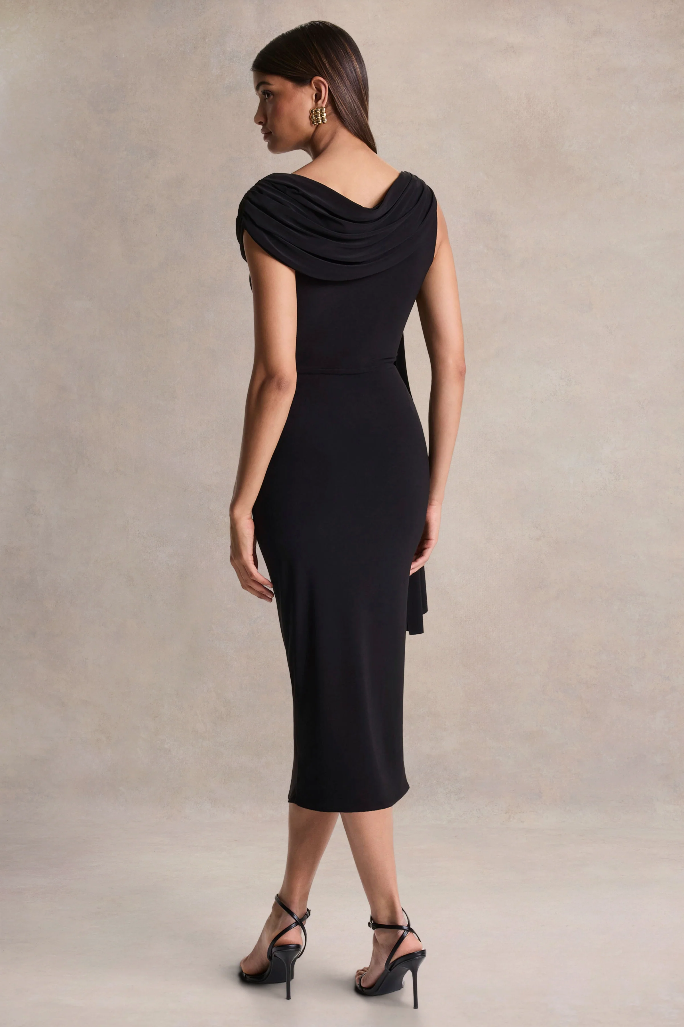Mirelda | Black Asymmetric-Neck Midi Dress With Gold-Detail - Image 2