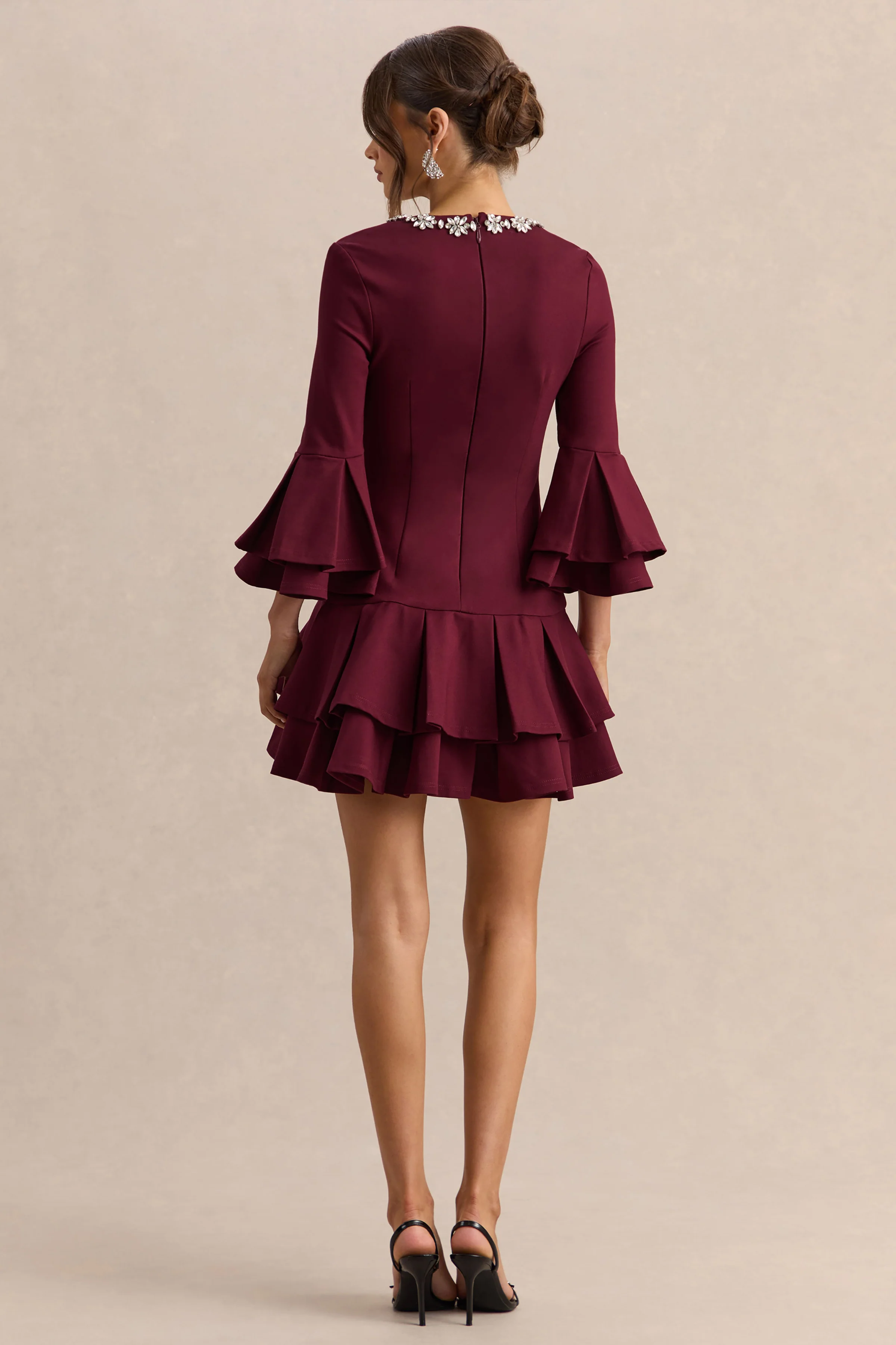 Mirna | Burgundy Crew-Neck Mini Dress With Bell Sleeves And Ruffled Detailing - Image 2
