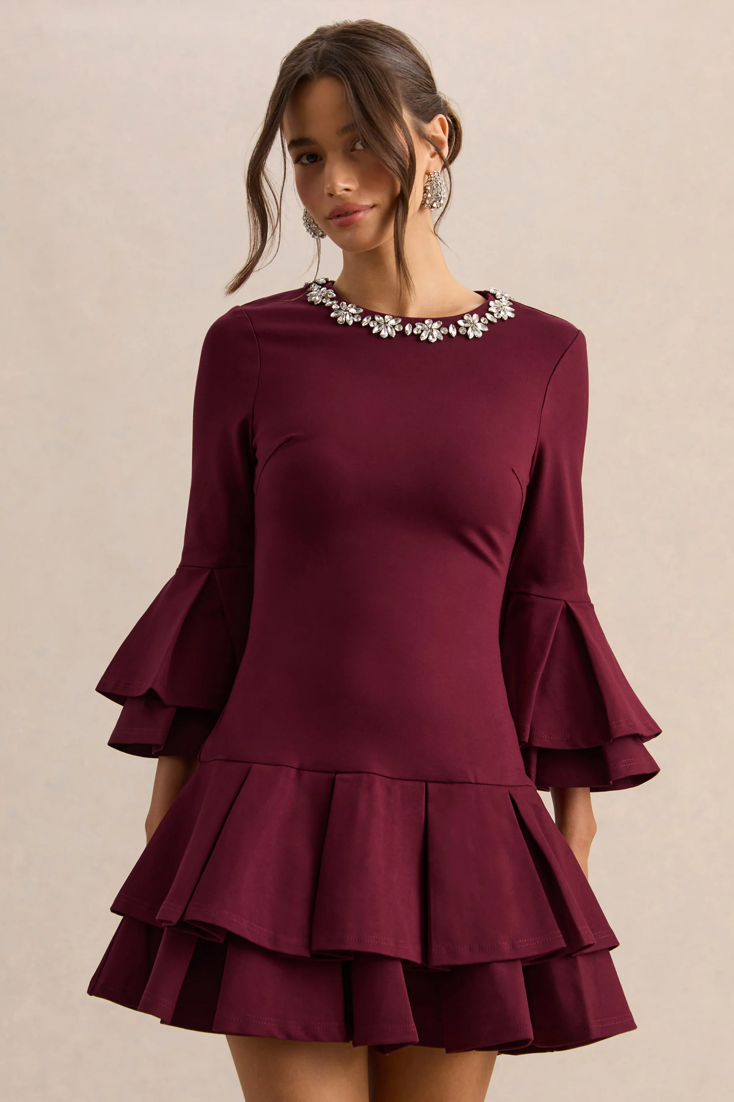 Mirna | Burgundy Crew-Neck Mini Dress With Bell Sleeves And Ruffled Detailing - Image 3