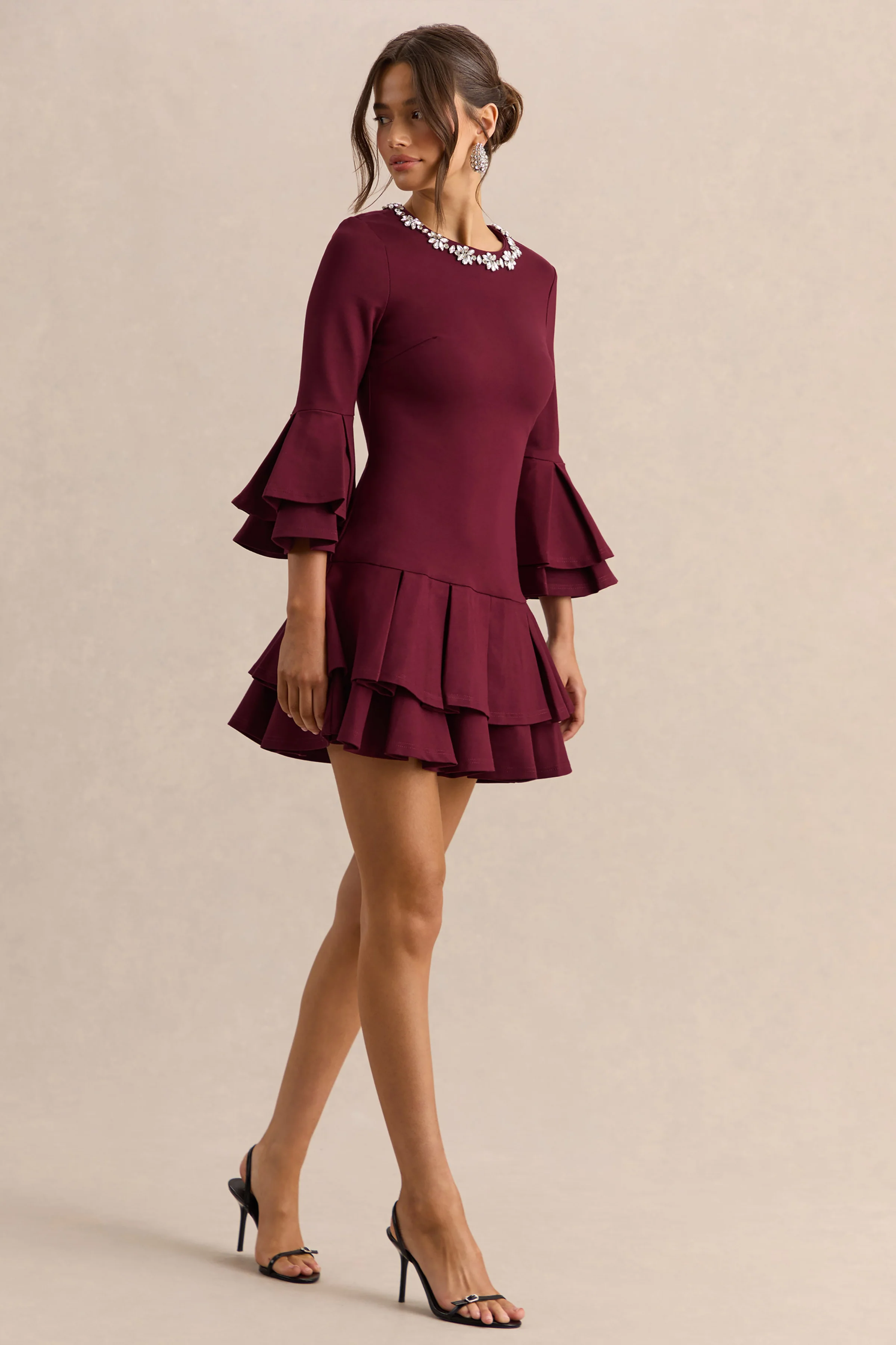 Mirna | Burgundy Crew-Neck Mini Dress With Bell Sleeves And Ruffled Detailing - Image 4
