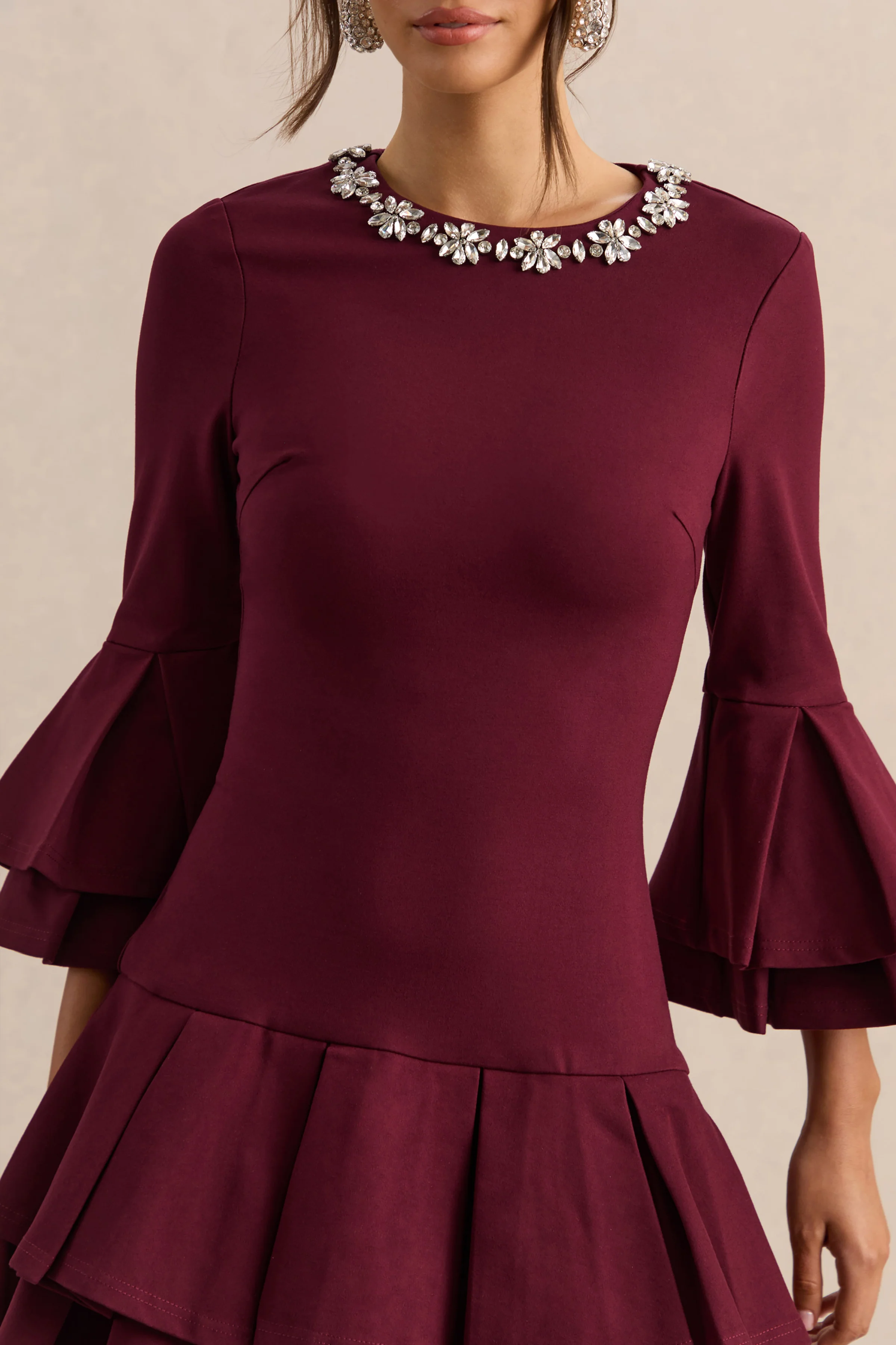 Mirna | Burgundy Crew-Neck Mini Dress With Bell Sleeves And Ruffled Detailing - Image 5