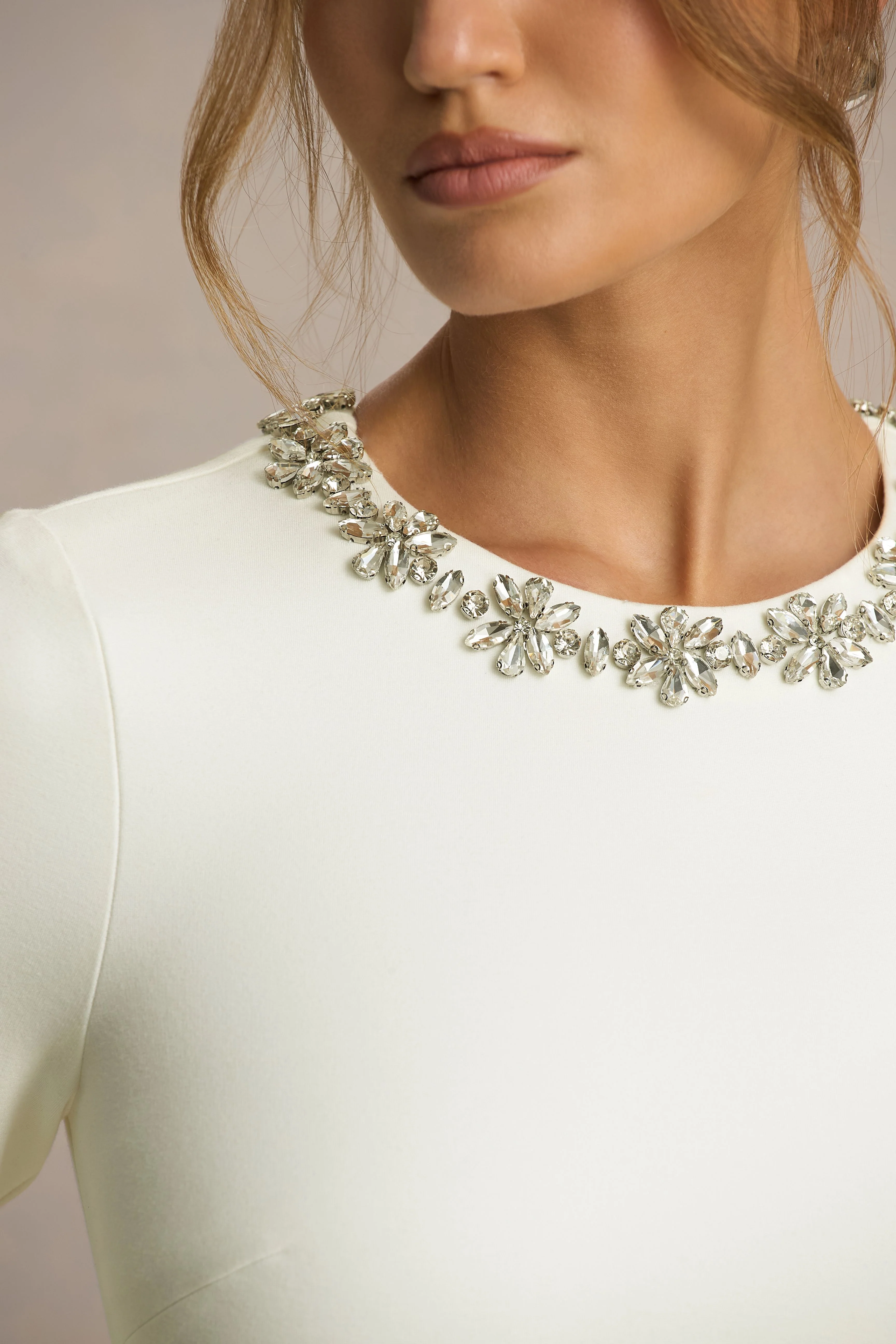 Mirna | Cream Crew Neck Mini Dress With Bell Sleeves And Ruffled Detailing - Image 6