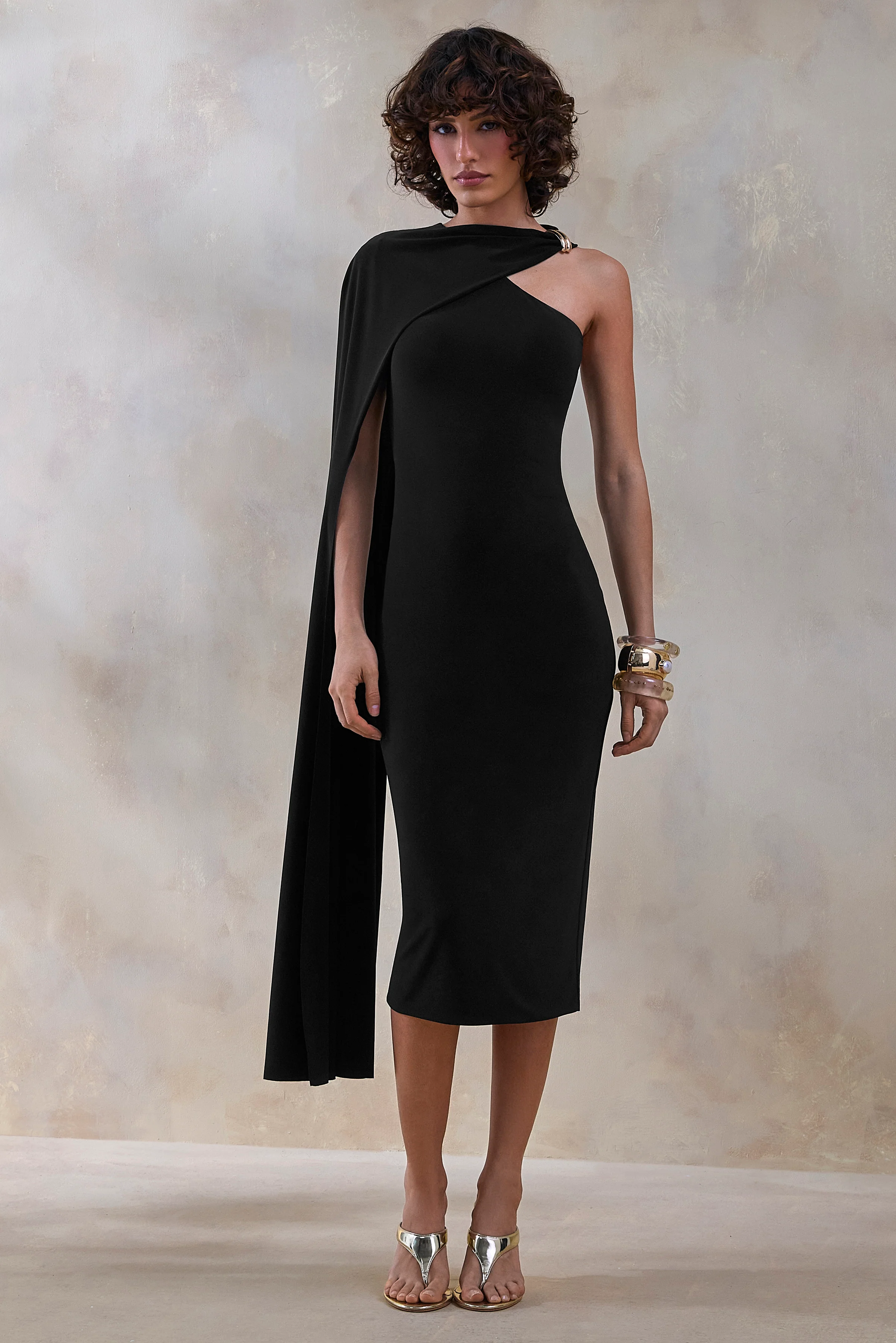 Misoria | Black High-Neck Midi-Dress With Cape-Sleeve - Image 5