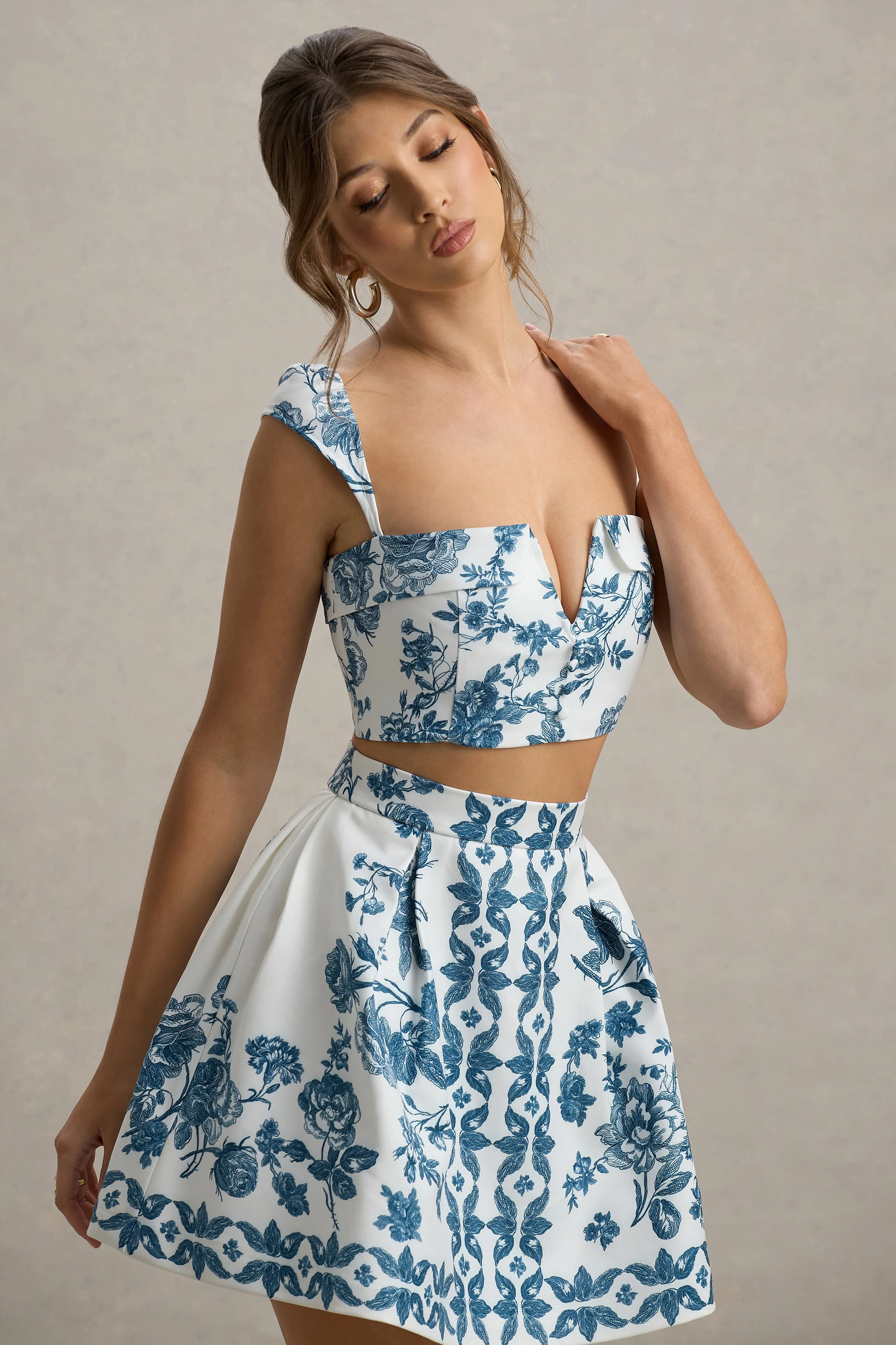 Modella | Blue Porcelain Print Skater Mini Skirt - Image 3