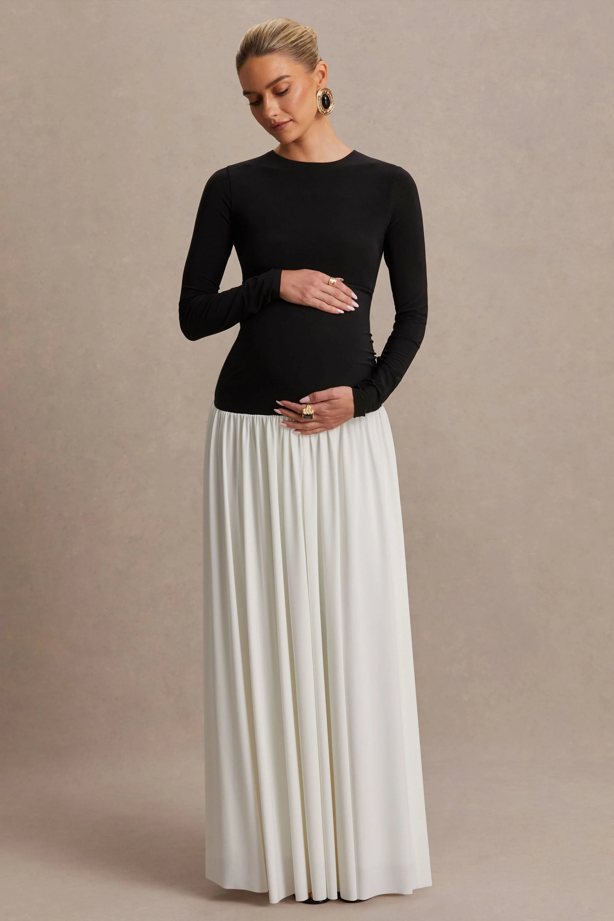 Monroe | Black And White Crew-Neck Maternity Maxi Dress With Drop-Waist - Image 6