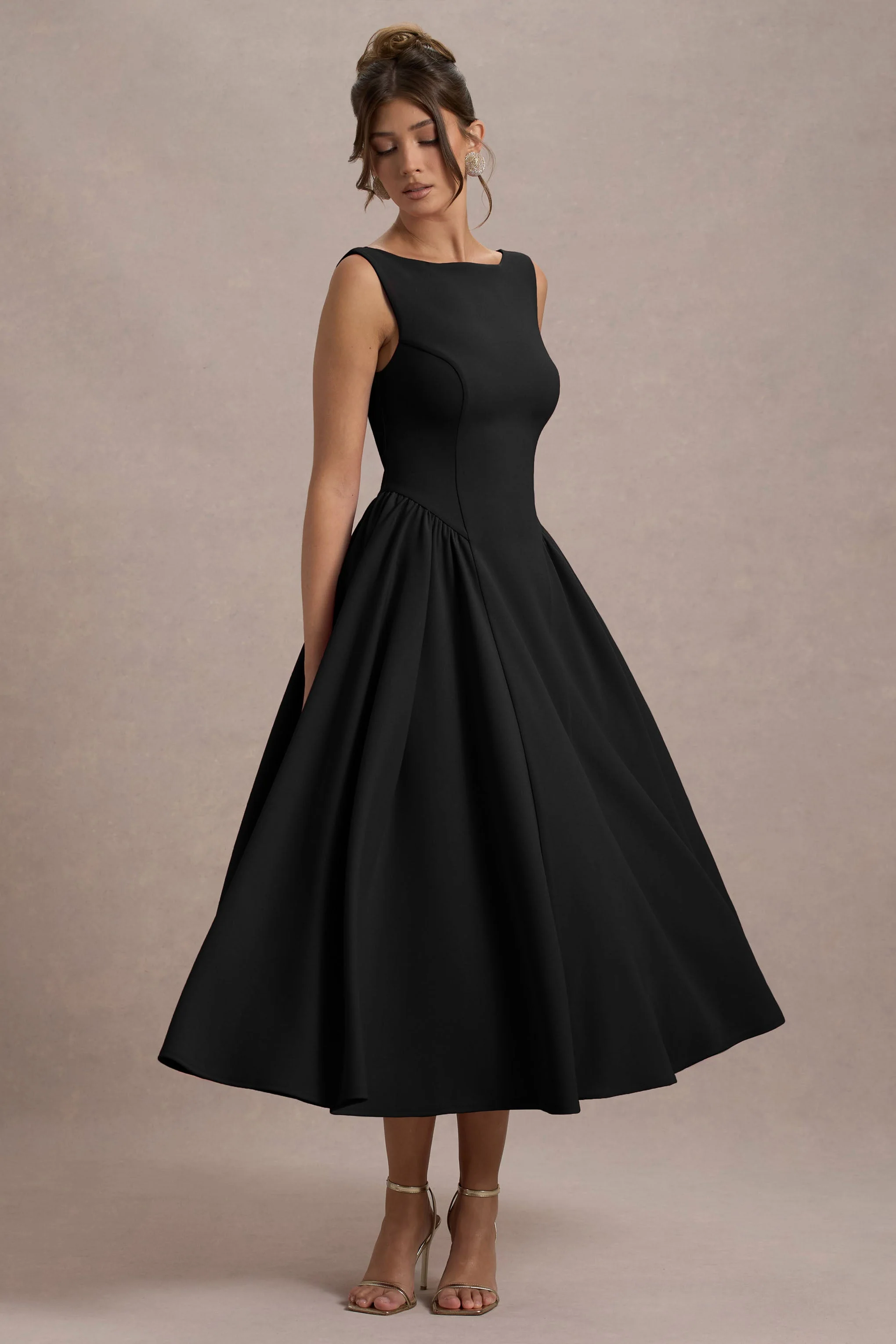 Muriel | Black Boat-Neck Volume-Hem Midi Dress - Image 4