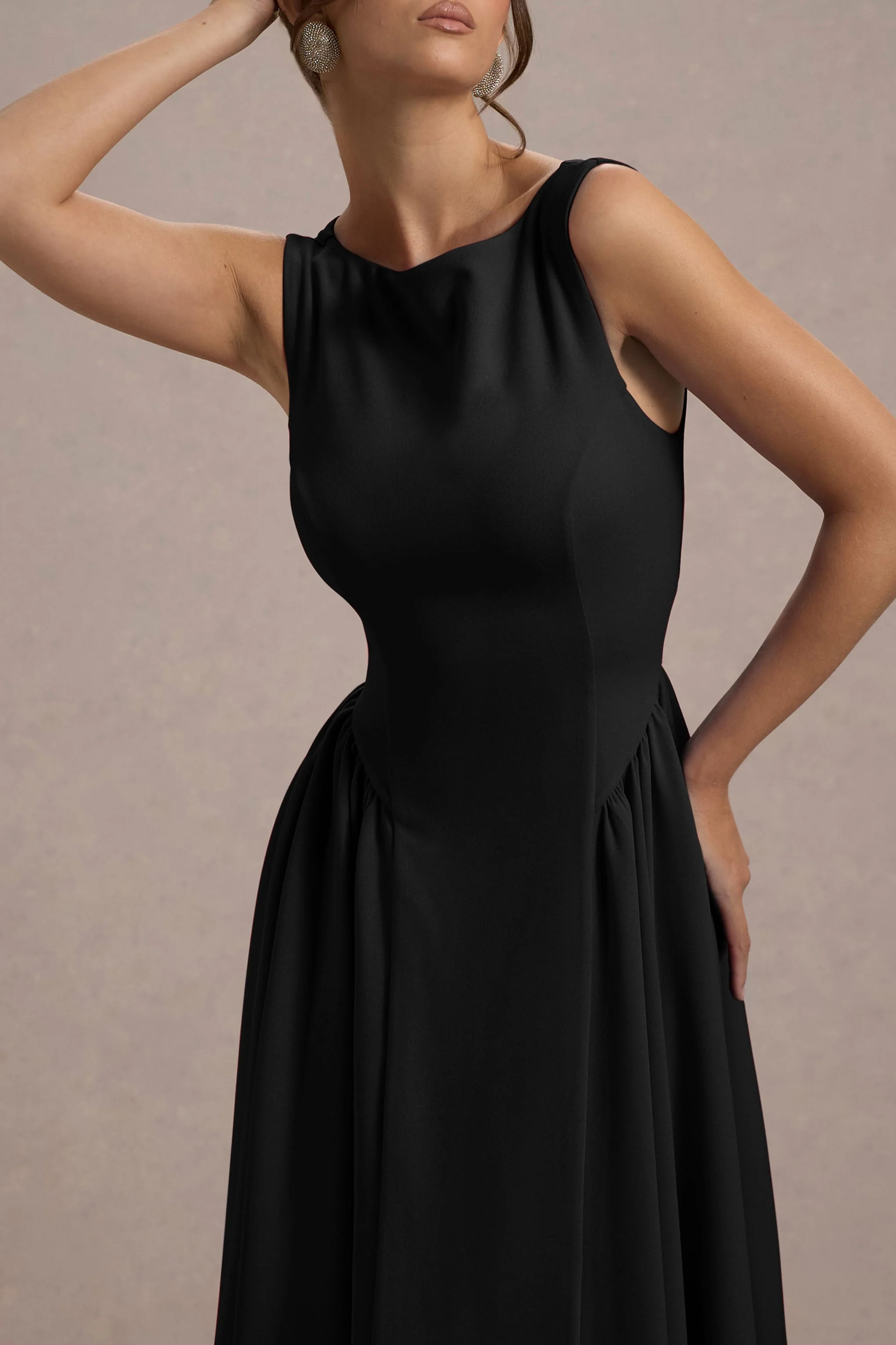 Muriel | Black Boat-Neck Volume-Hem Midi Dress - Image 5
