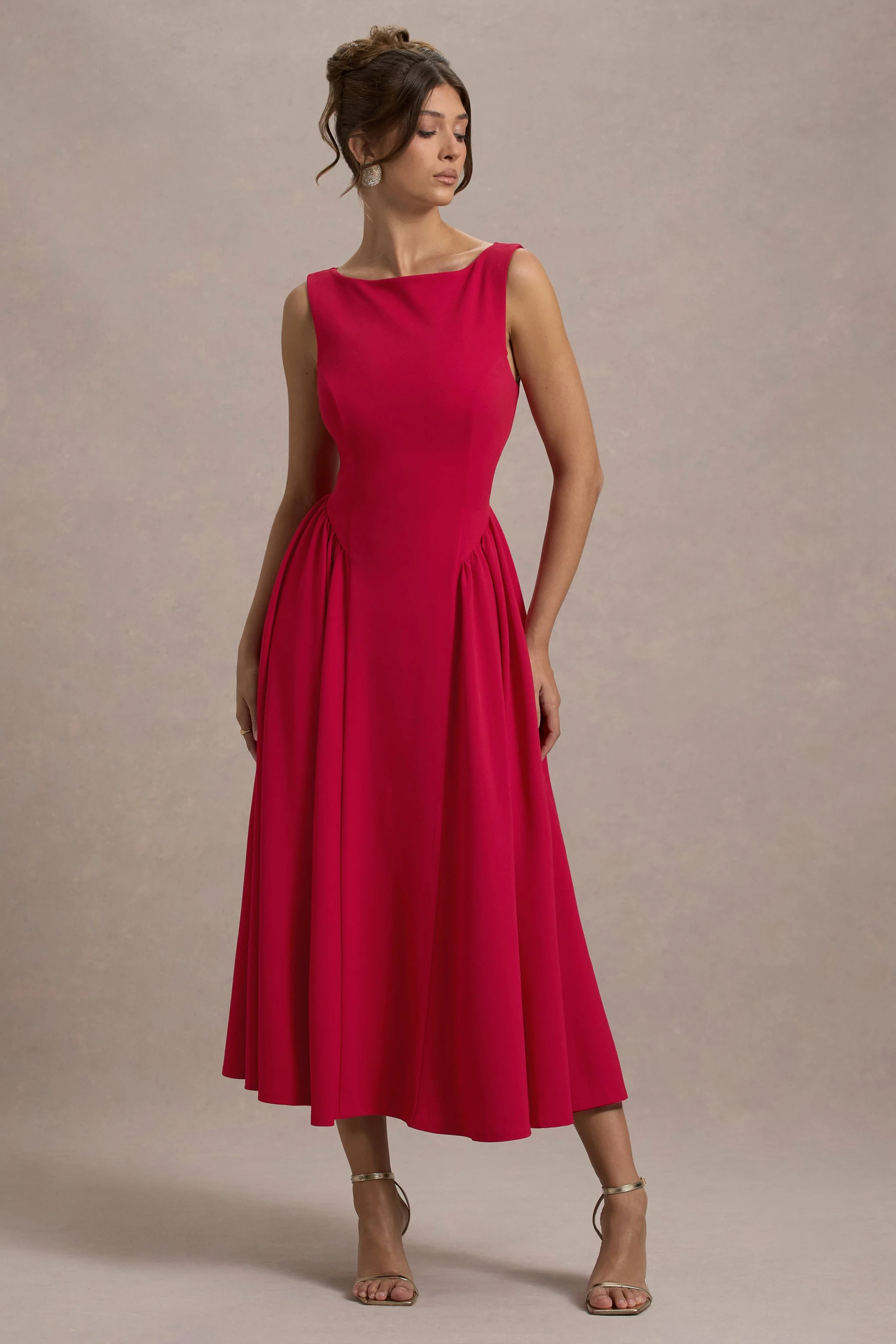 Muriel | Red Boat-Neck Volume-Hem Midi Dress - Image 4
