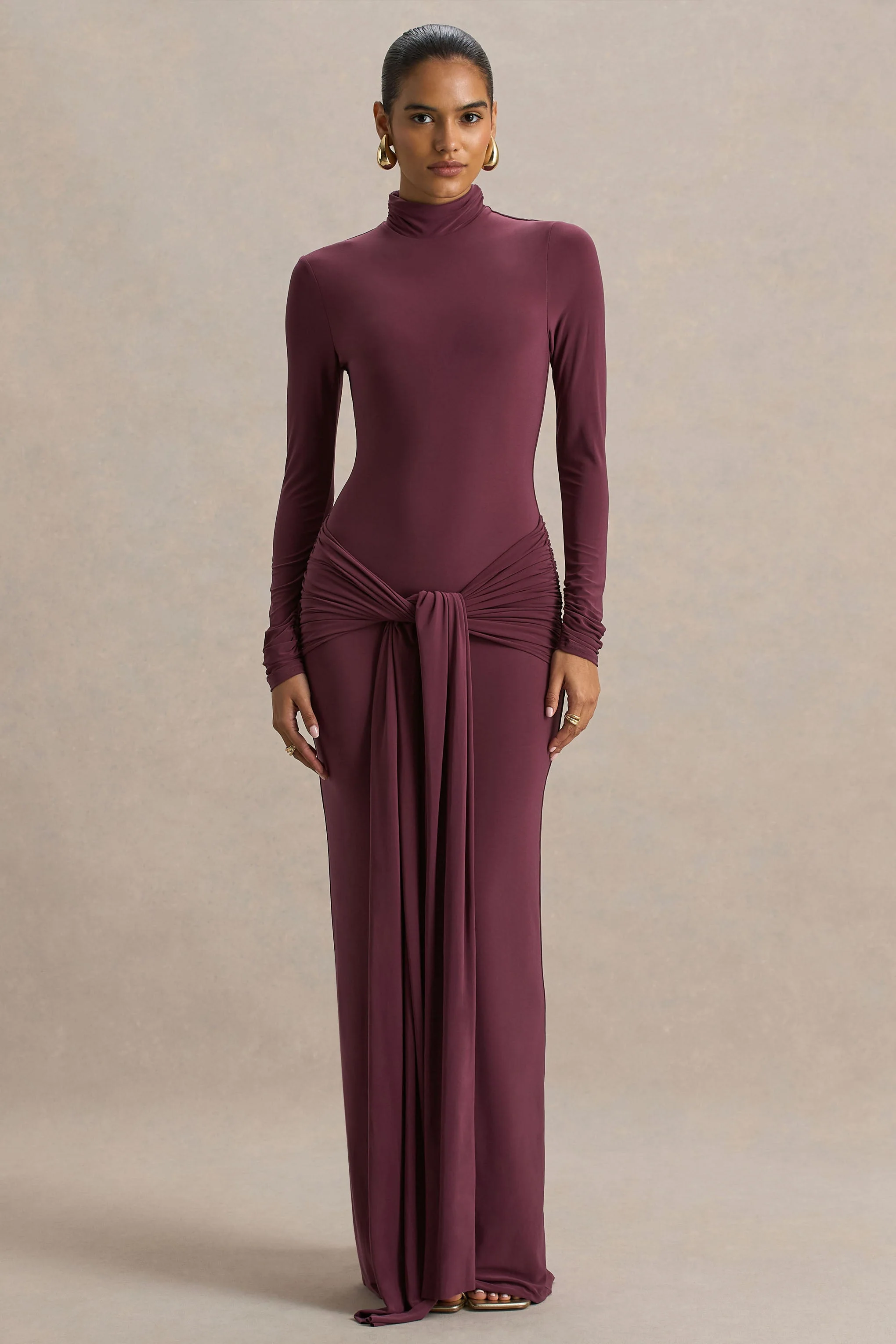 Myra | Burgundy High-Neck Maxi Dress With Sash and Ruched Detailing - Image 4
