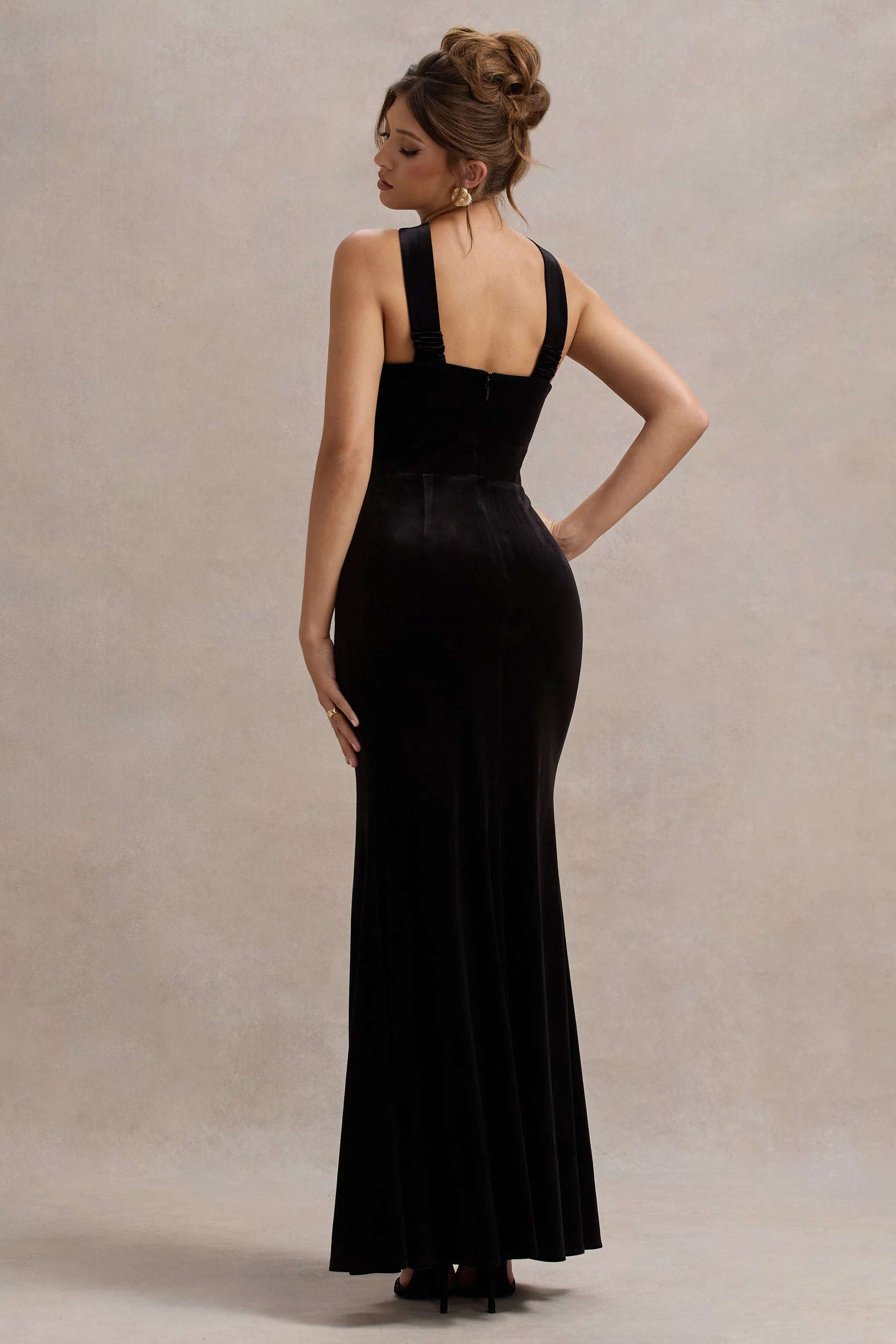 Mystery | Black Velvet Plunge Halter-Neck Split Maxi Dress With Bow - Image 2