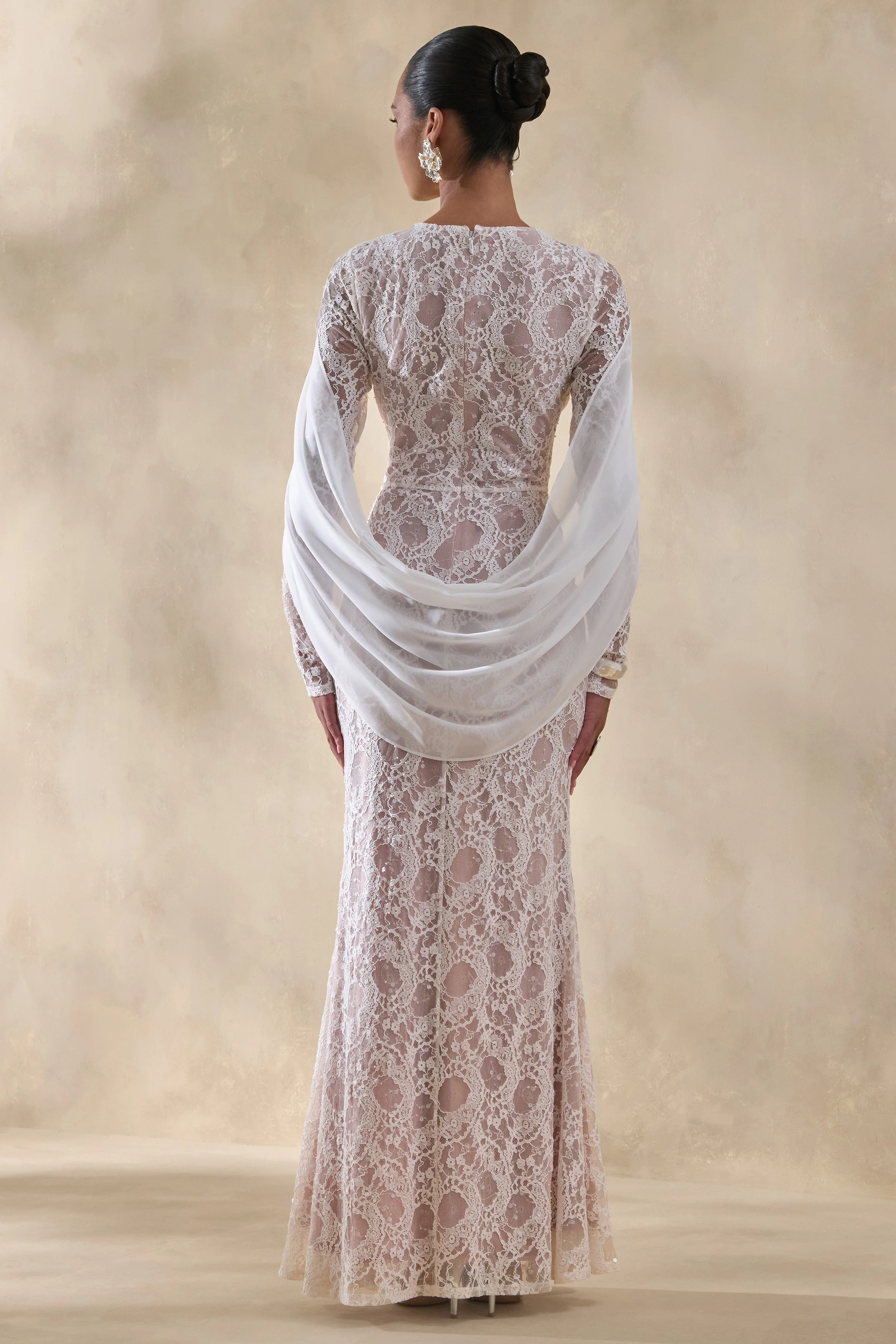 Nabina | White Lace Crew-Neck Maxi Dress With Draped Back-Detail - Image 2